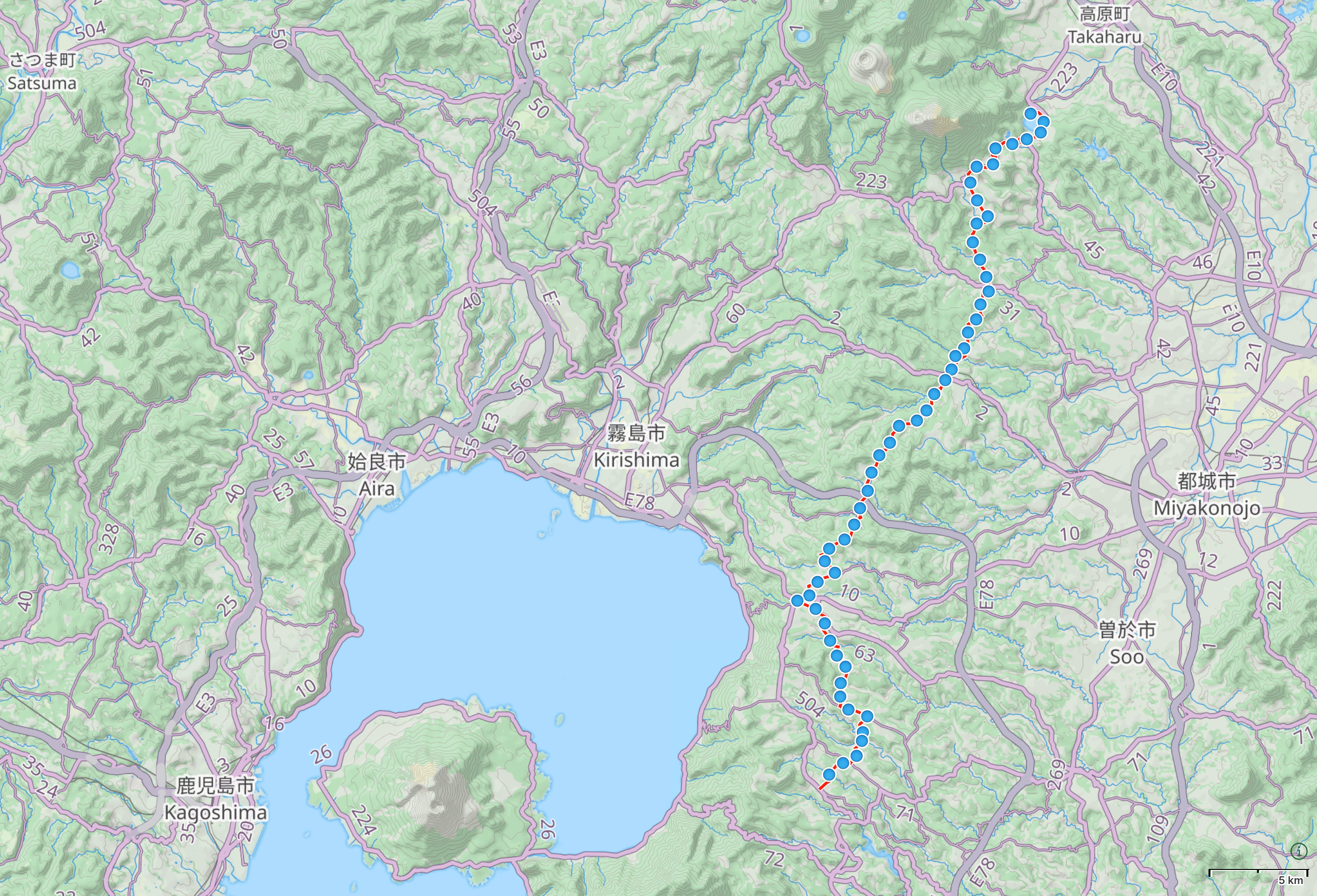Map of southern Kyushu with author’s route from Kihoku, Kagoshima to Lake Miike, Miyazaki highlighted.