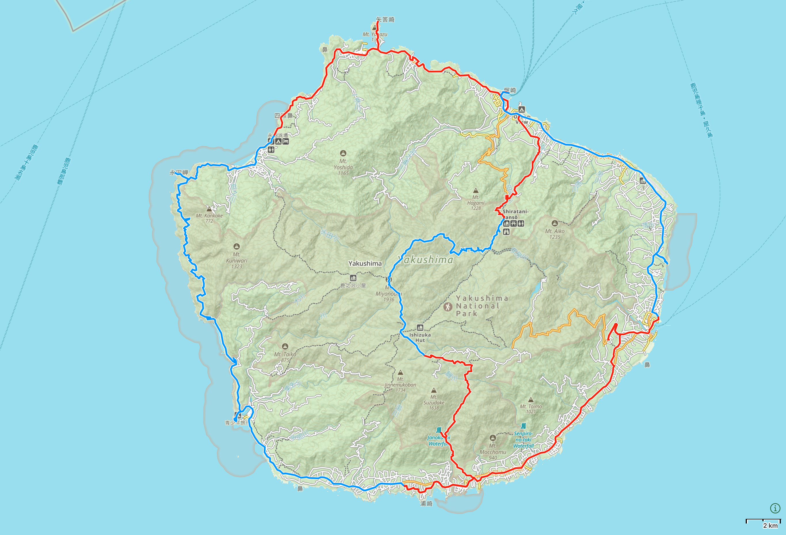 Map of Yakushima with the route I walked in 2015 highlighted.