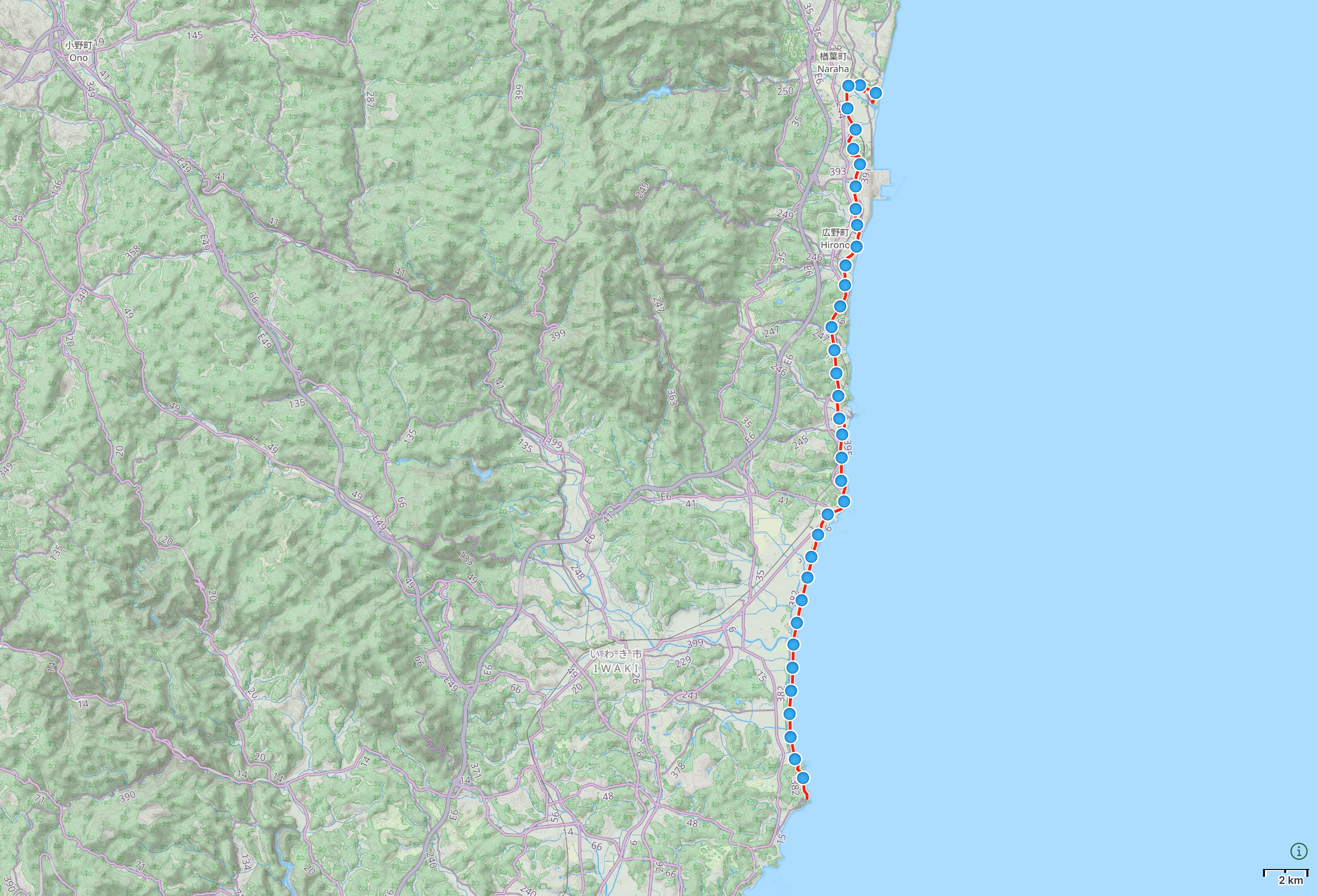 Map of Fukushima with author’s route from Shioyazaki Lighthouse to Naraha highlighted.