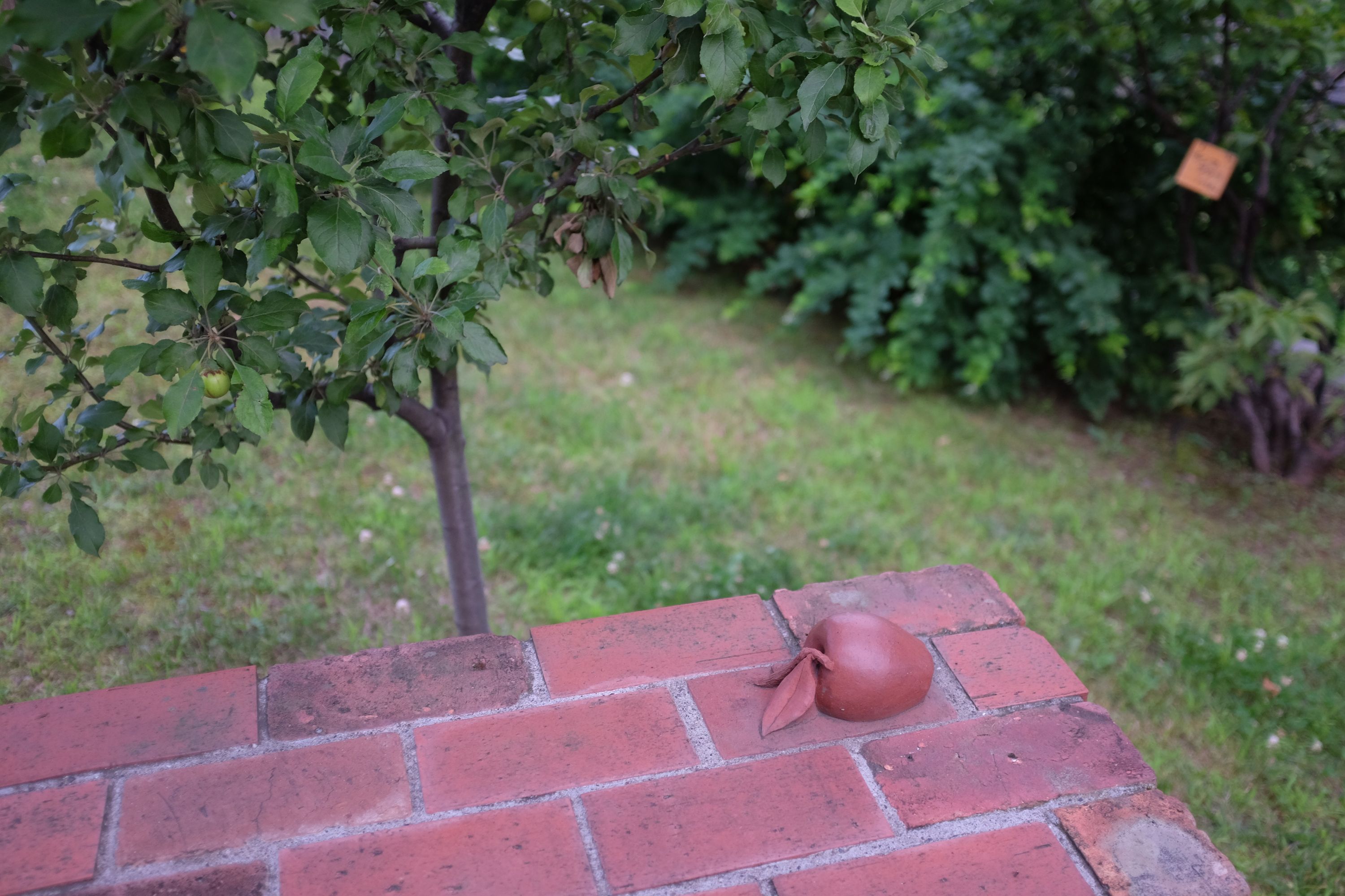 One of the bricks in a brick wall continues in a sculpted apple.