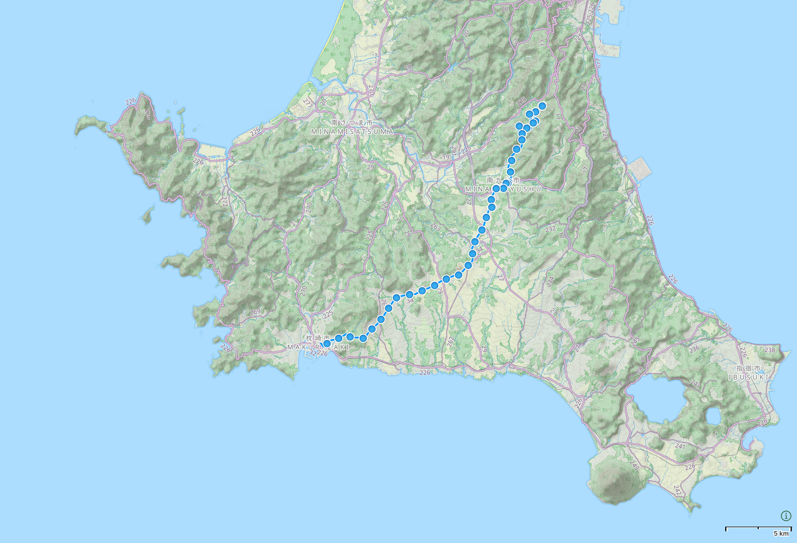 Map of Kagoshima Prefecture with author’s route between Kawanabe and Makurazaki highlighted.