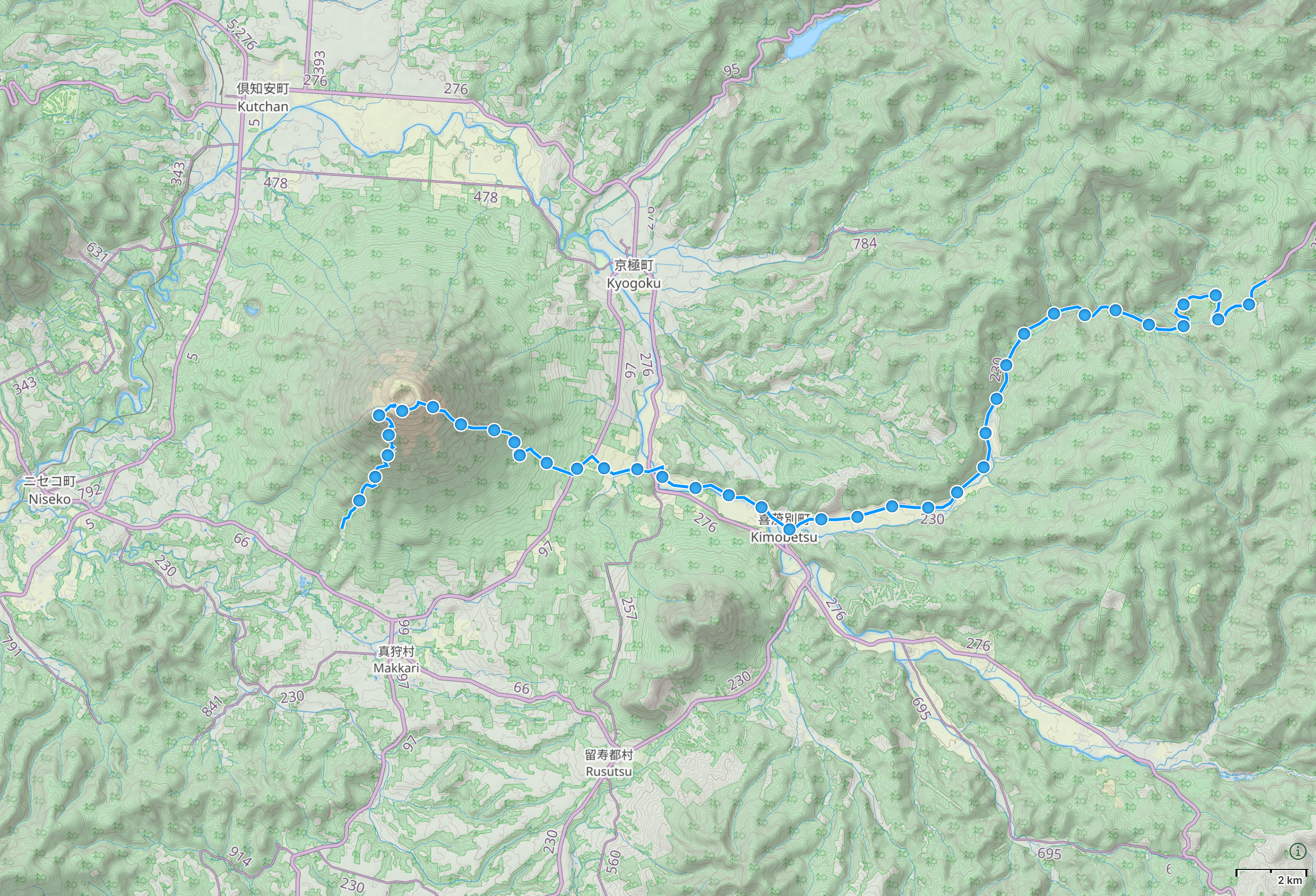 Map of Hokkaido with author’s route from Makkari to Nakayama Pass highlighted.