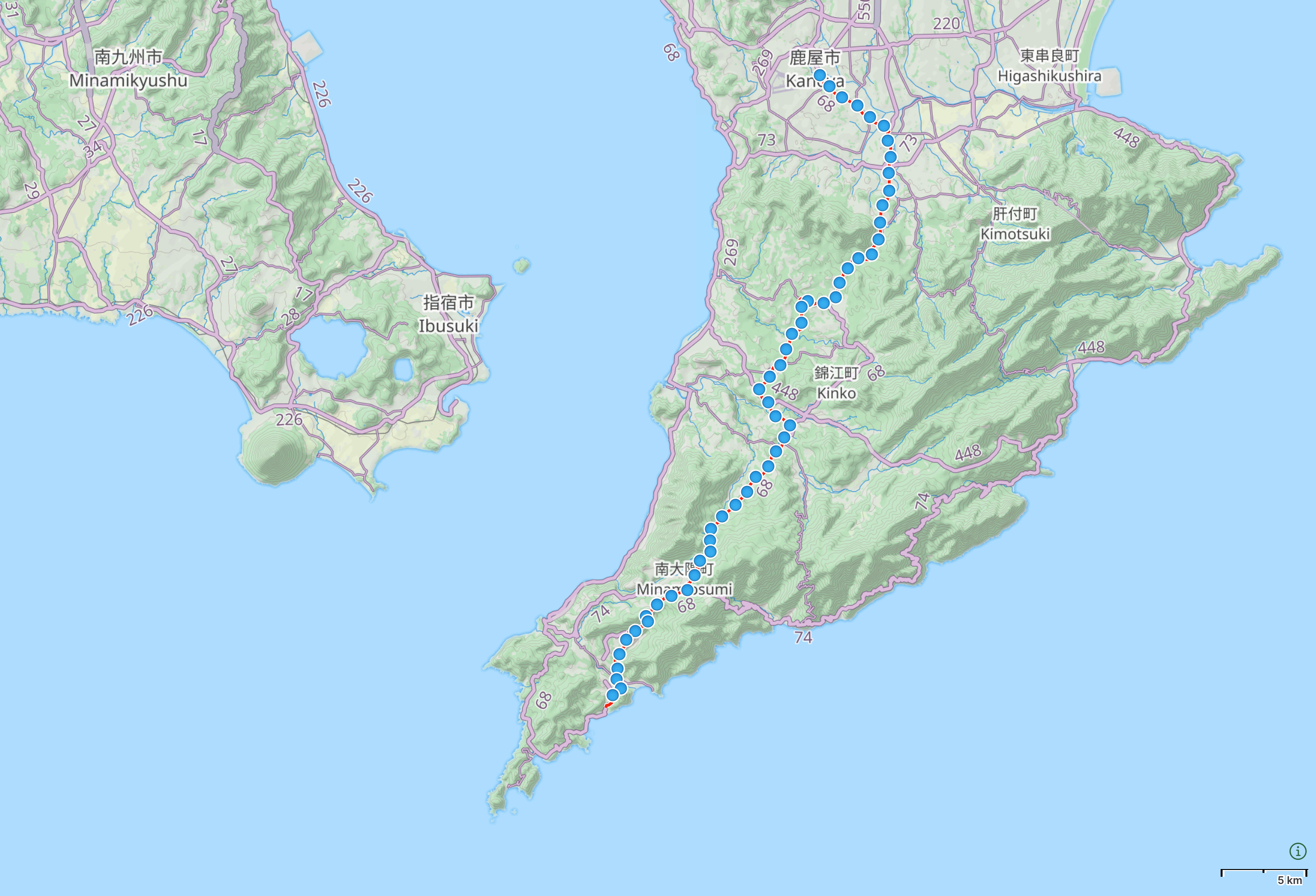 Map of Kagoshima Prefecture with author’s route from Satakori to Kanoya highlighted.