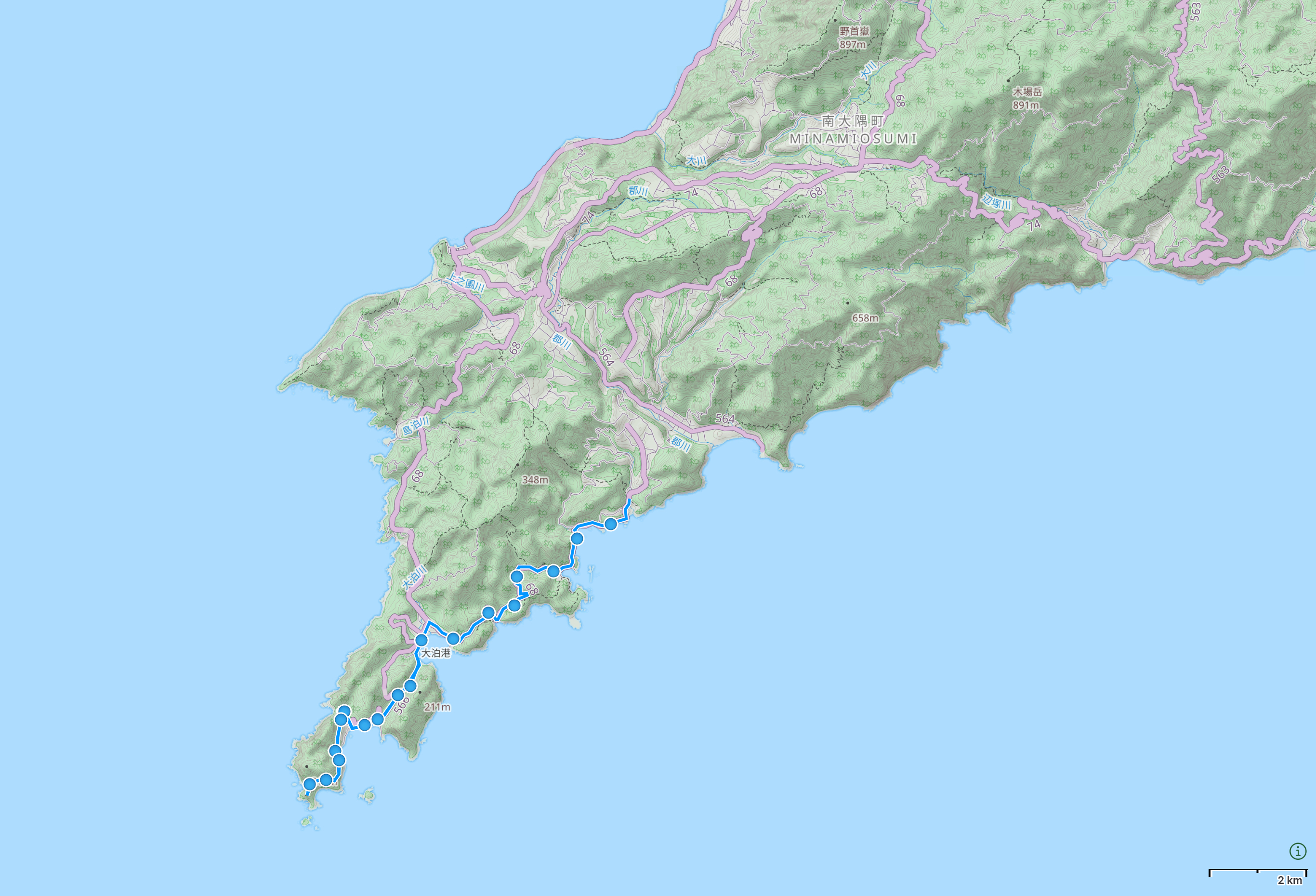 Map of Kagoshima Prefecture with author’s route from Sata to Cape Sata and back highlighted.