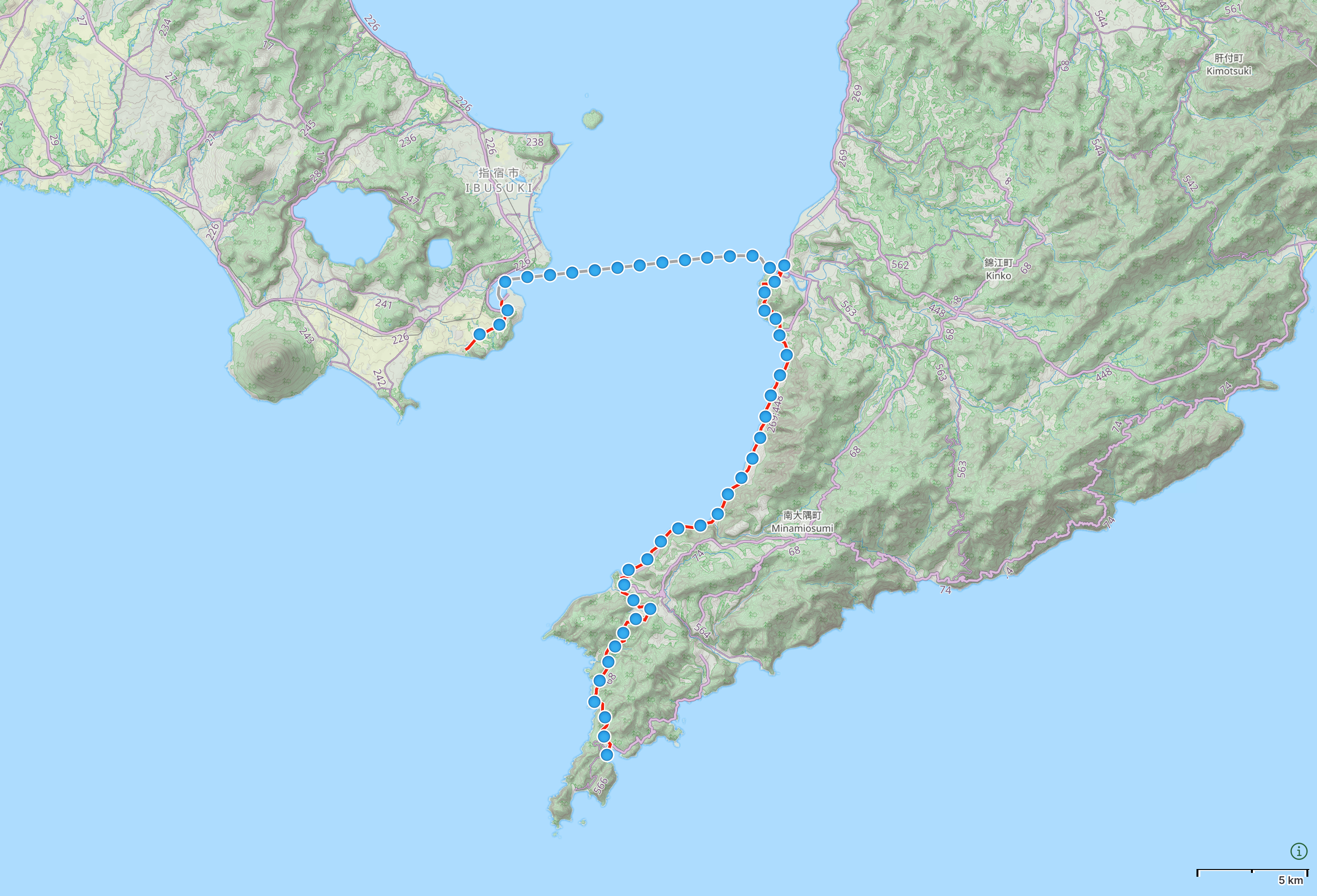 Map of Kagoshima Prefecture with author’s route across the bay between Yamakawa and Sata highlighted.