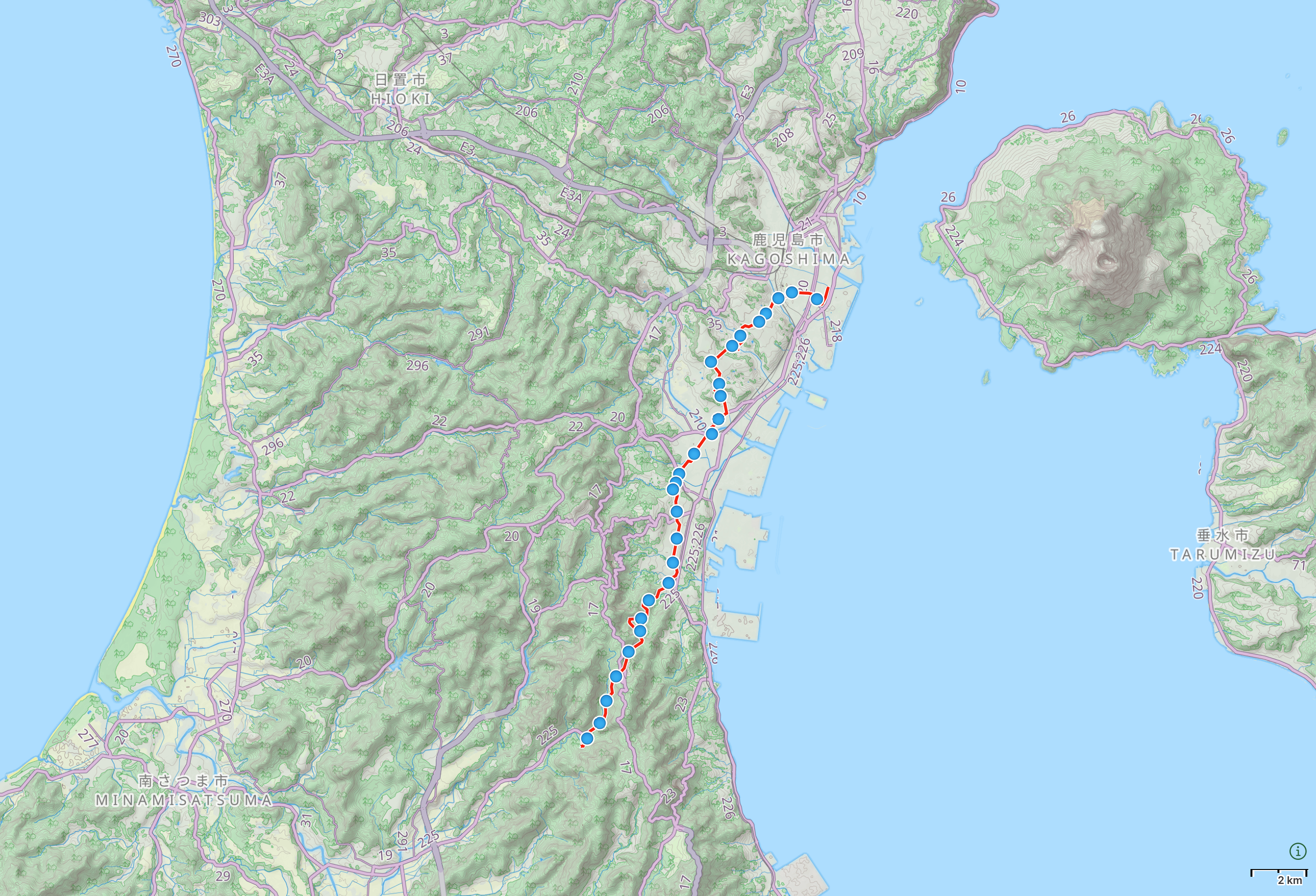 Map of Kagoshima Prefecture with author’s route between Kagoshima City and Kawanabe highlighted.