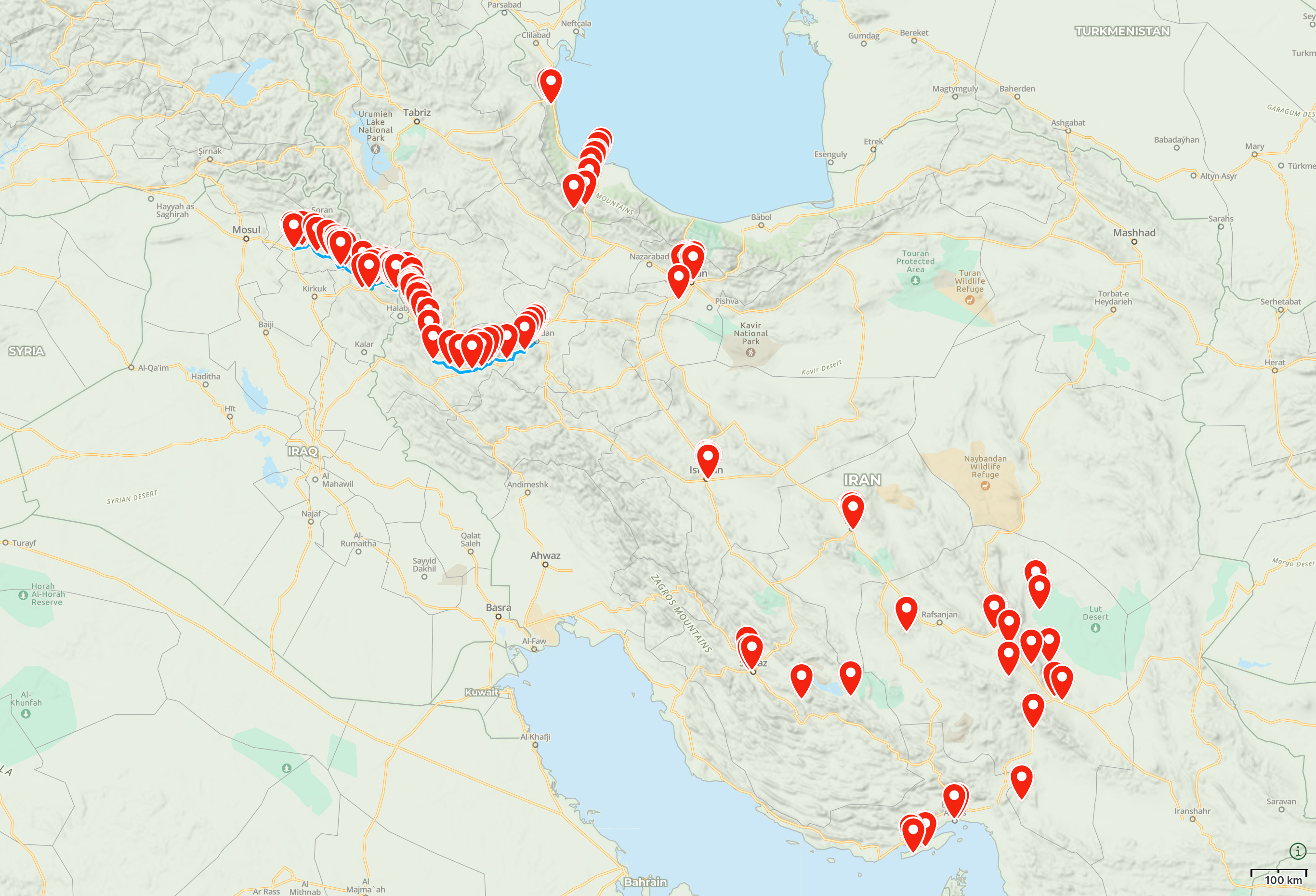 Map of Iran and Iraq with the approximate locations of the pictures on this page highlighted.