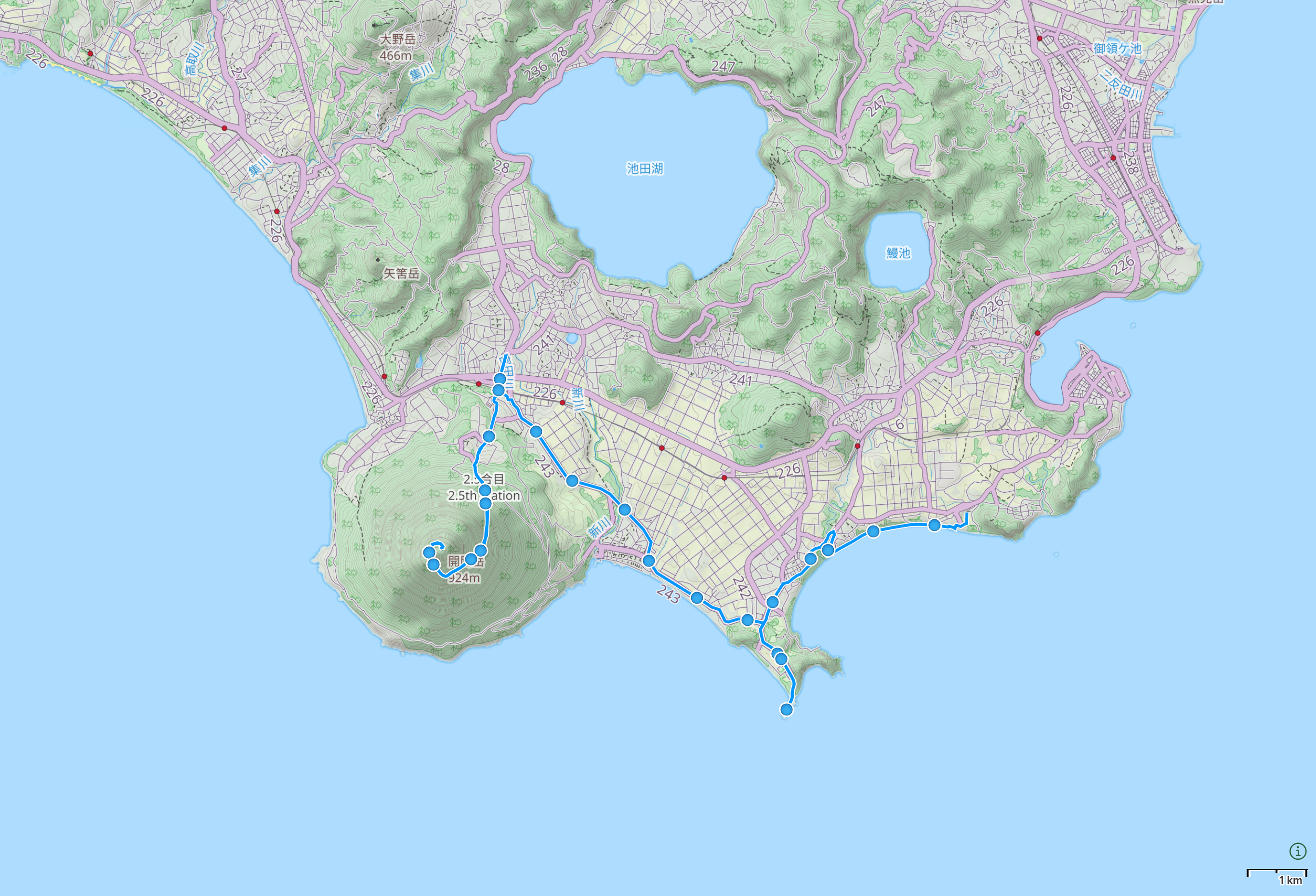 Map of Kagoshima Prefecture with author’s route between Kaimon and Yamakawa highlighted.