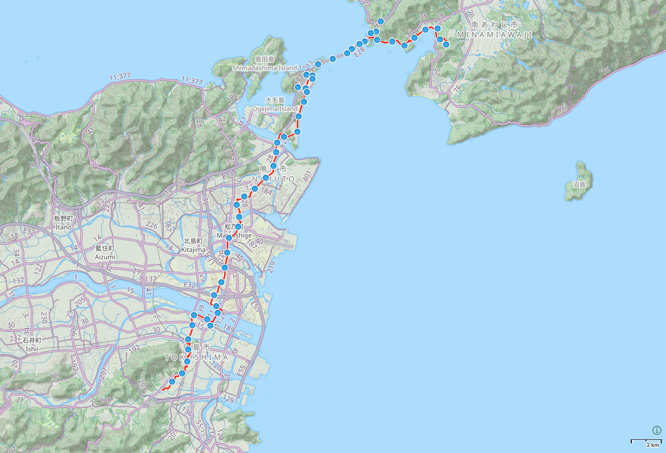 Map of Tokushima Prefecture and Awaji Island with route between Tokushima City and Naruto highlighted.