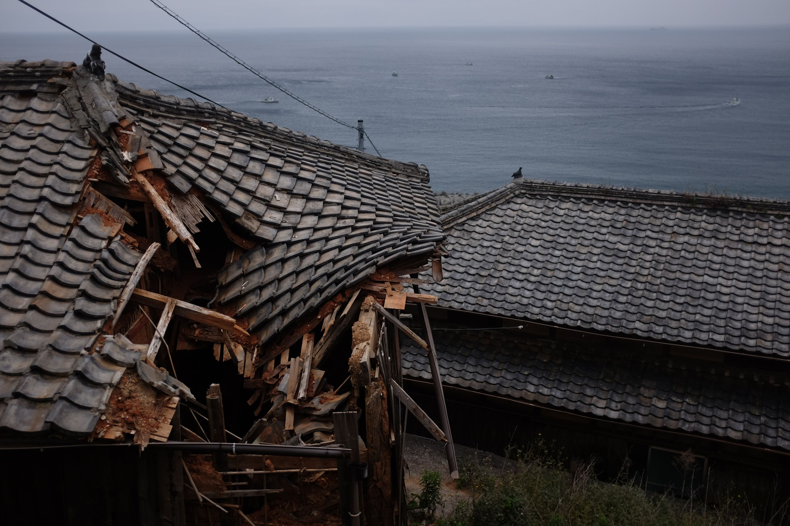 The broken roof of an abandoned house in Ōku.
