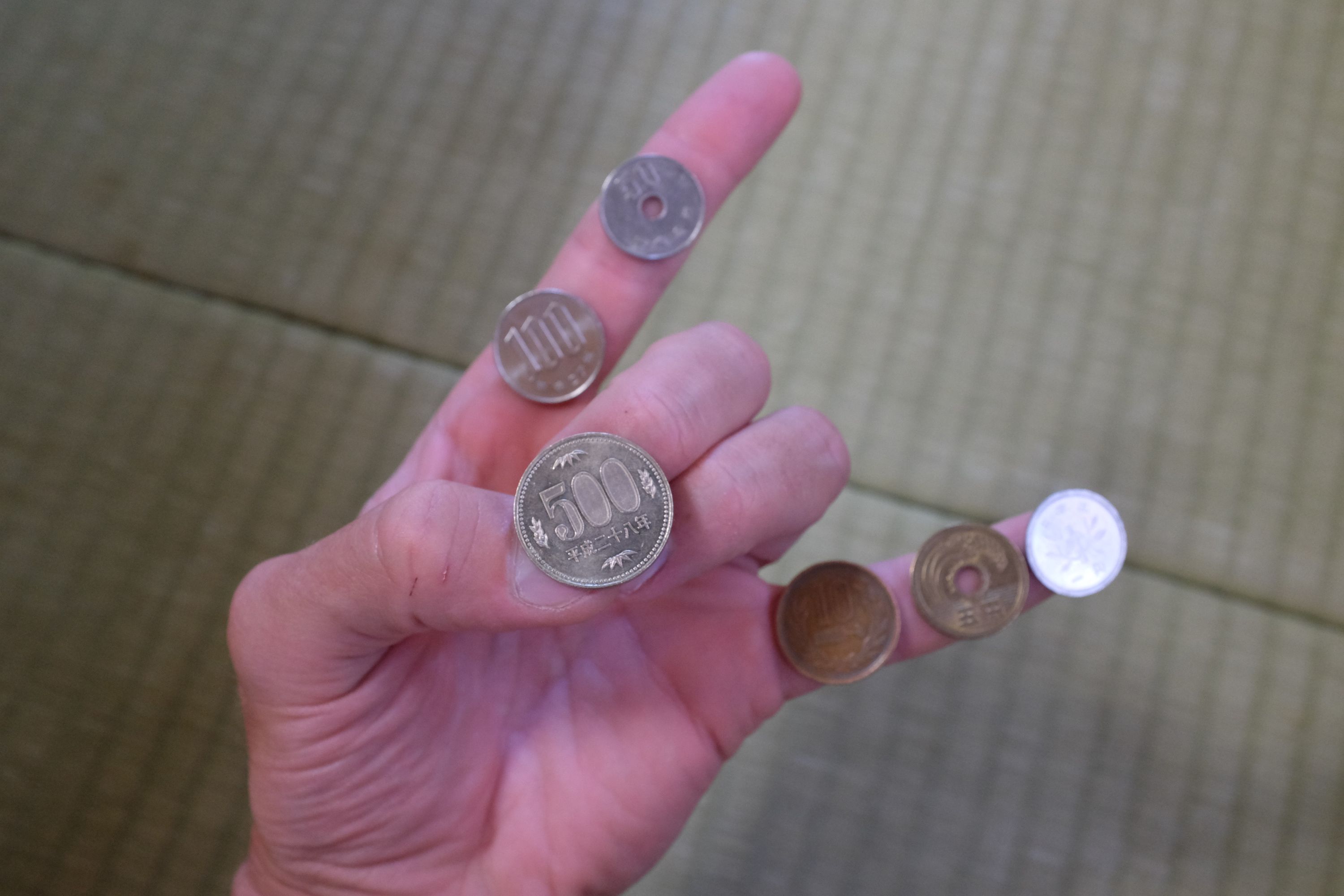 The author’s left hand with a row of Japanese coins in descending order laid across it.