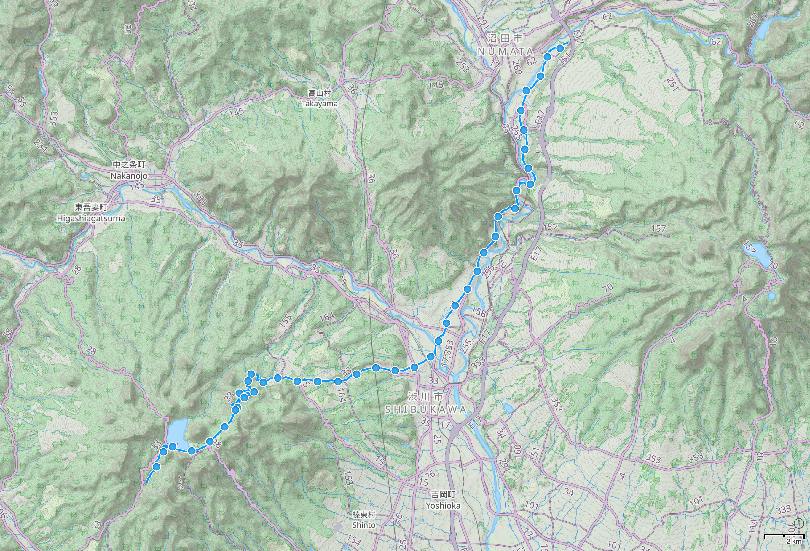 Map of Gunma with author’s route from Mount Haruna to Shōwa highlighted.