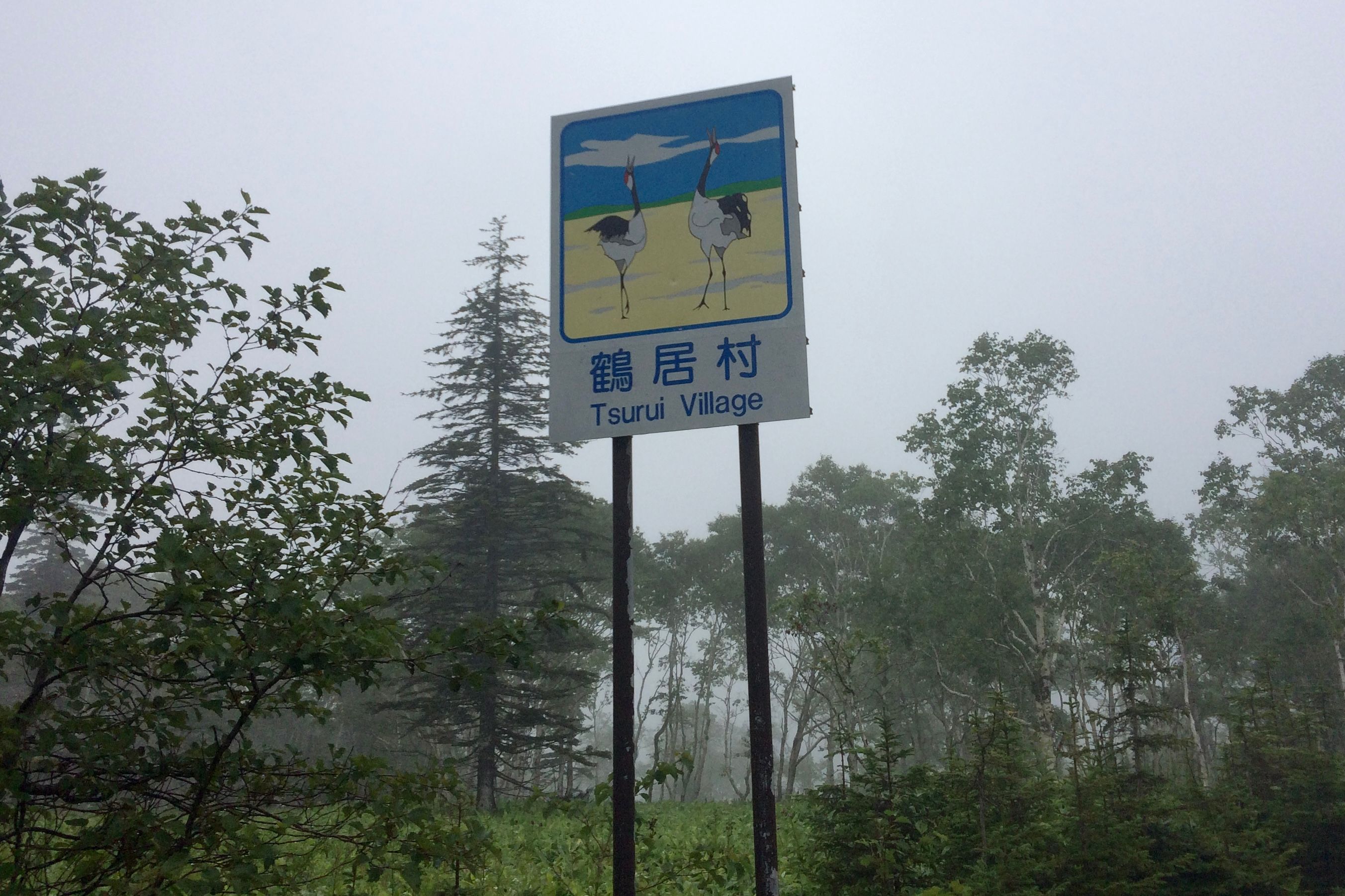 A road sign in a misty forest, decorated with a pair of red-crowned cranes, marks the boundary of Tsurui Village, whose name translates to “crane residence”.