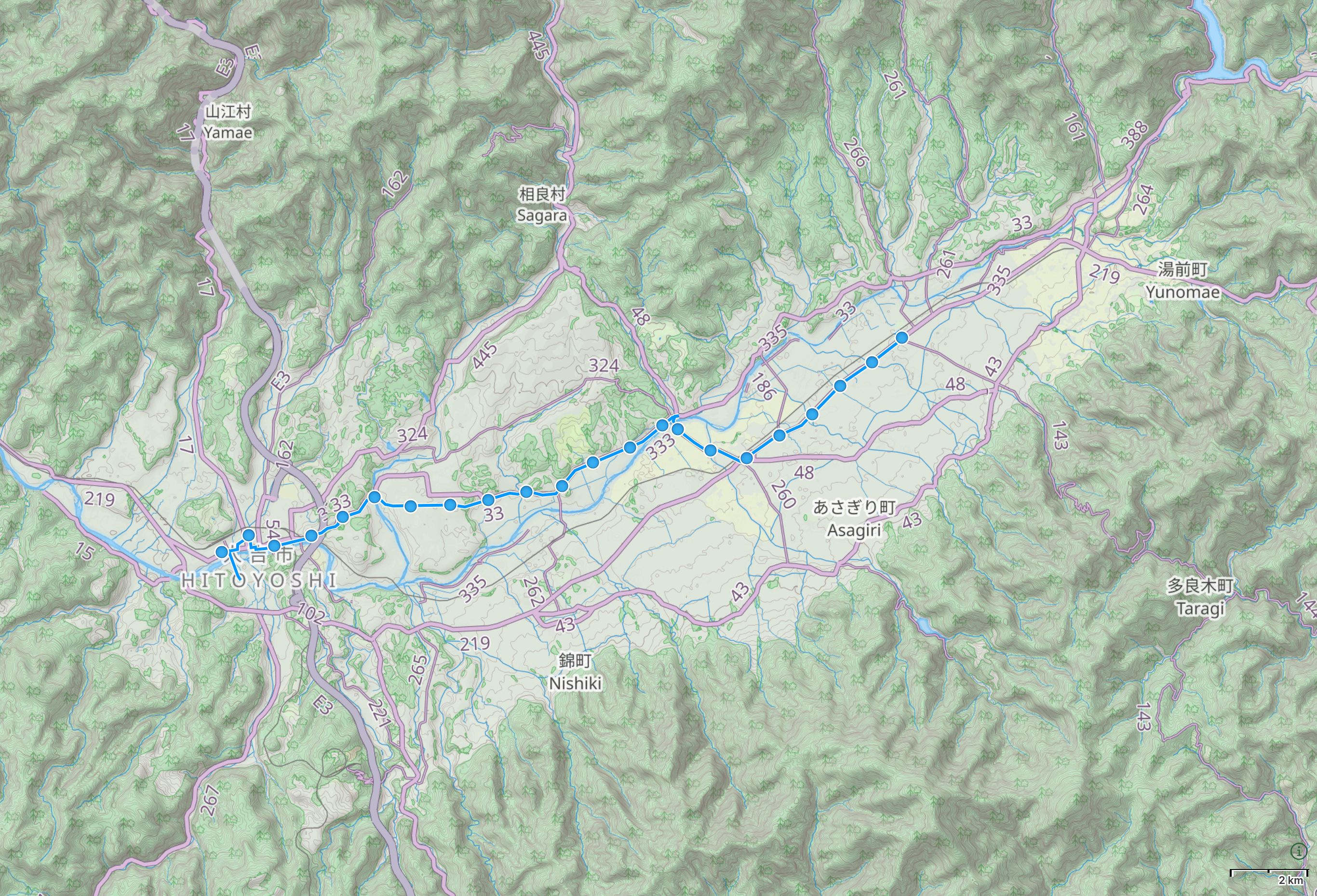 Map of Kyushu with the route of These Walking Dreams highlighted. Maps © Thunderforest, Data © OpenStreetMap