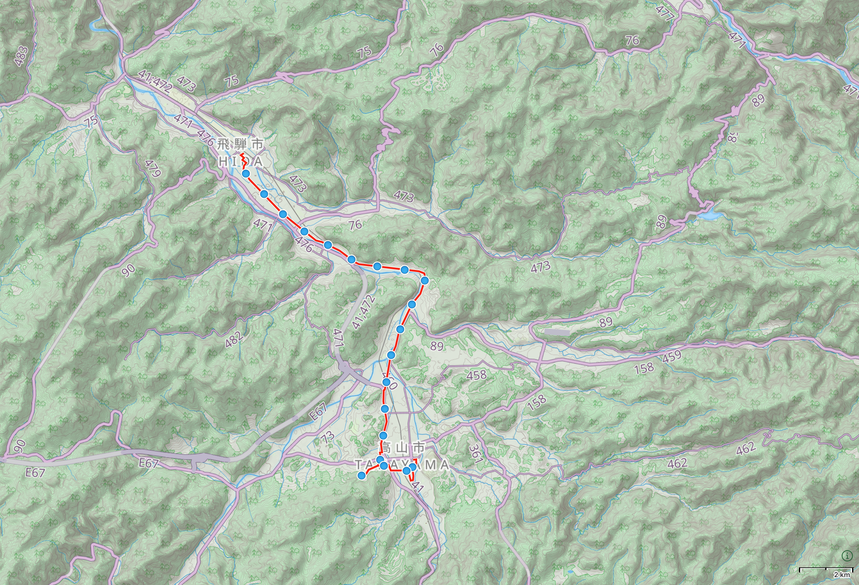 Map of Gifu Prefecture with author’s route from Hida Furukawa to Hida Takayama highlighted.