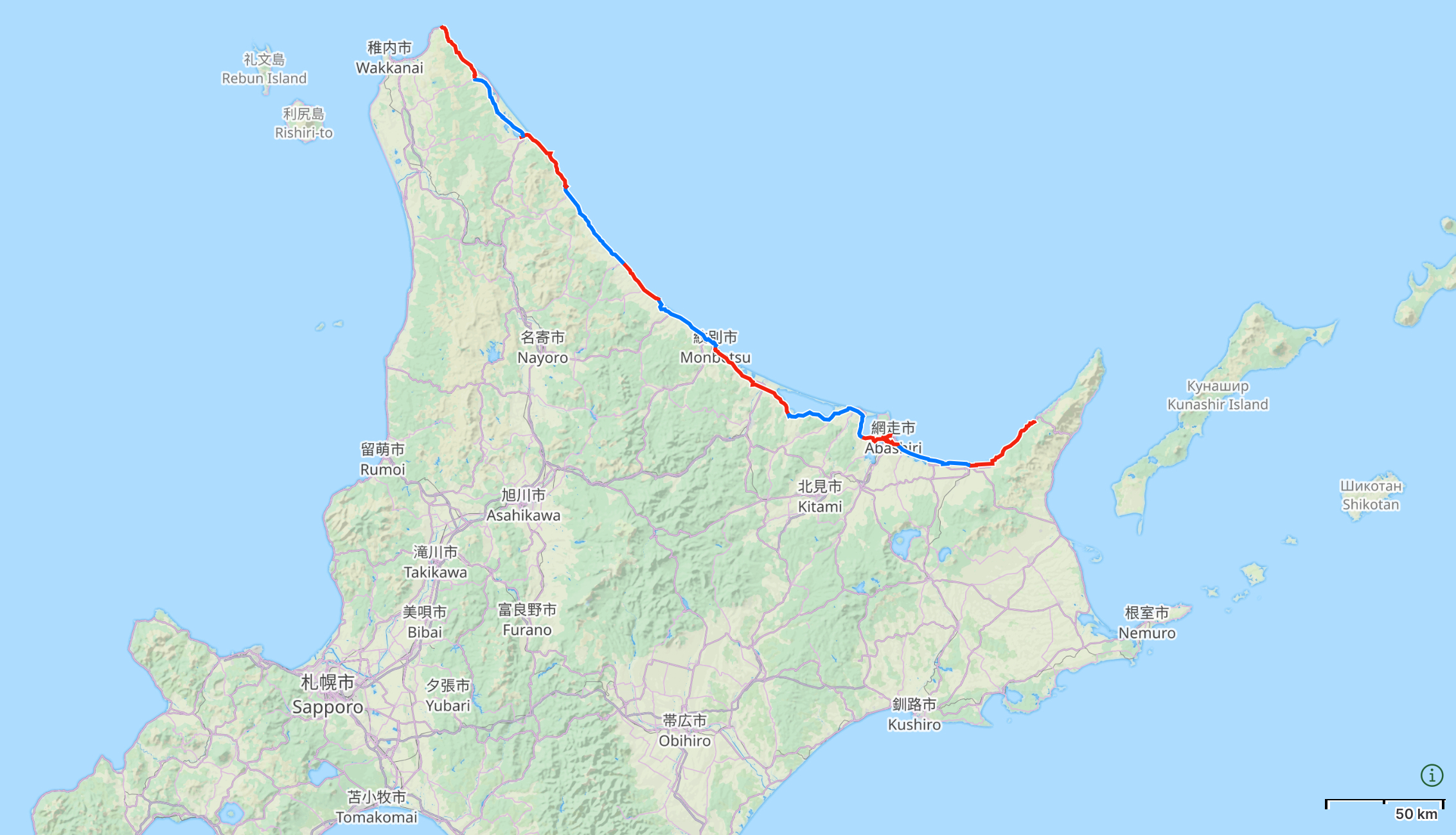 Map of Northern Hokkaido with author’s route from Utoro to Cape Sōya highlighted.