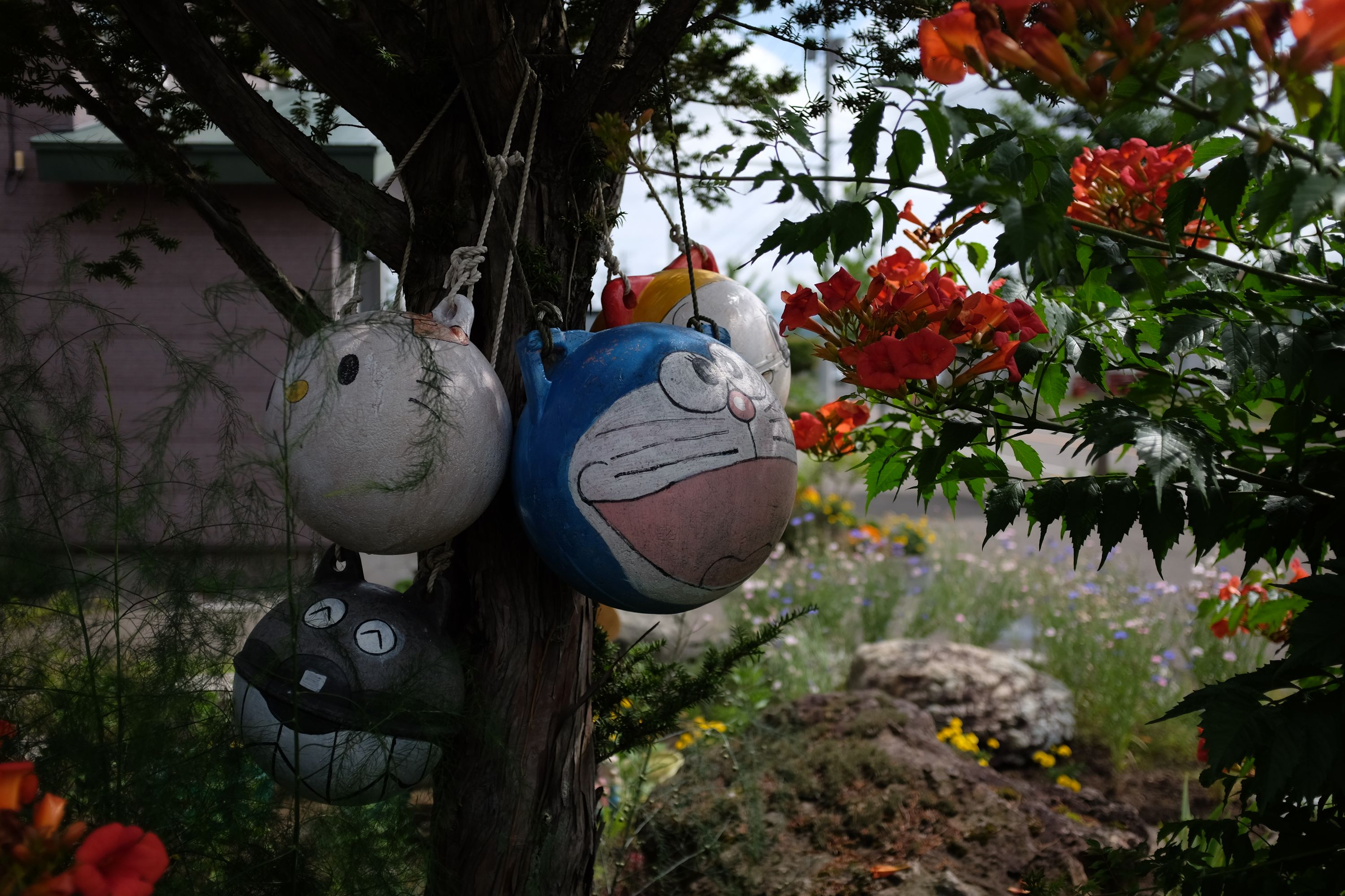 Fishing floats painted to look like various cartoon characters hand from a tree next to a flowering bush.