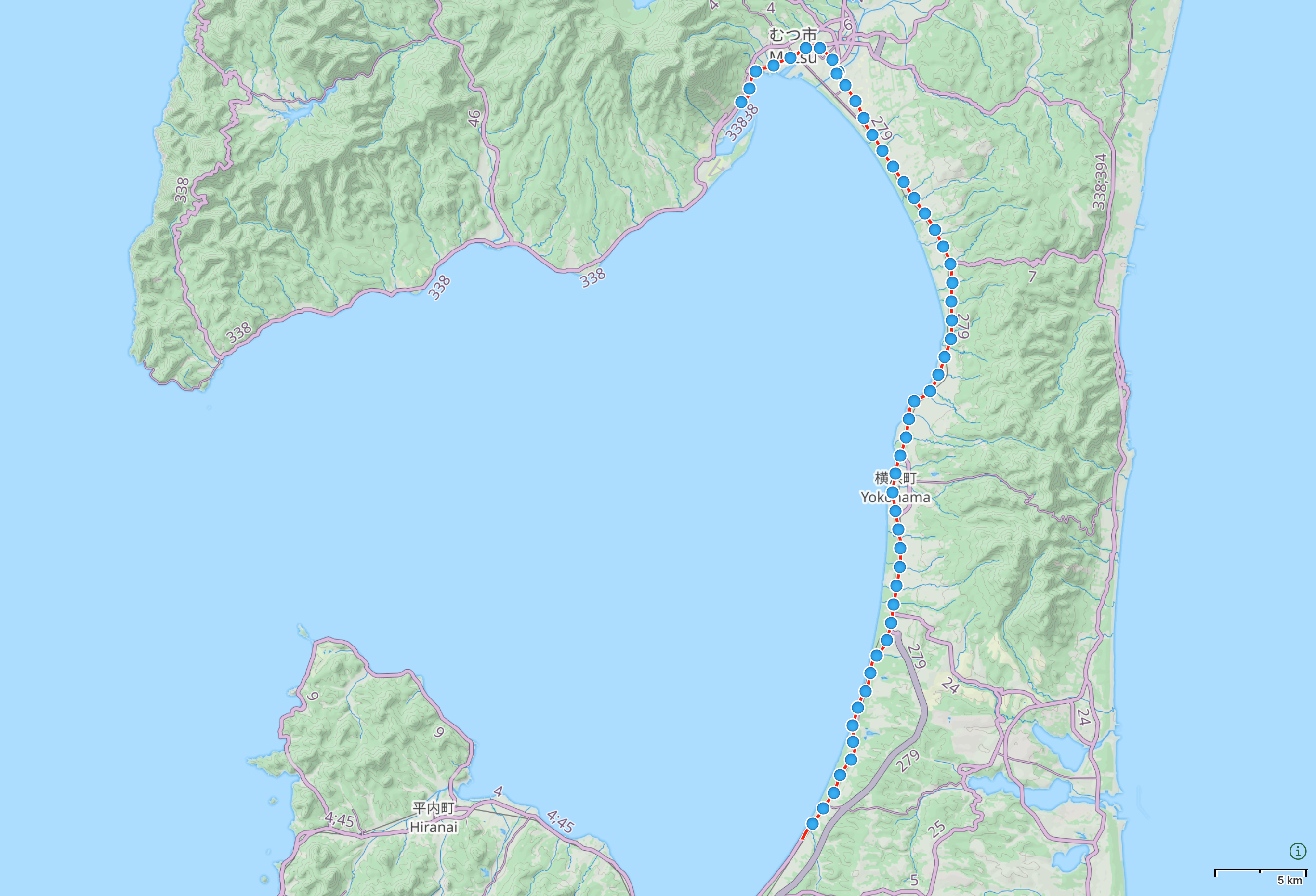 Map of Aomori prefecture with author’s route from Noheji to Mutsu highlighted.