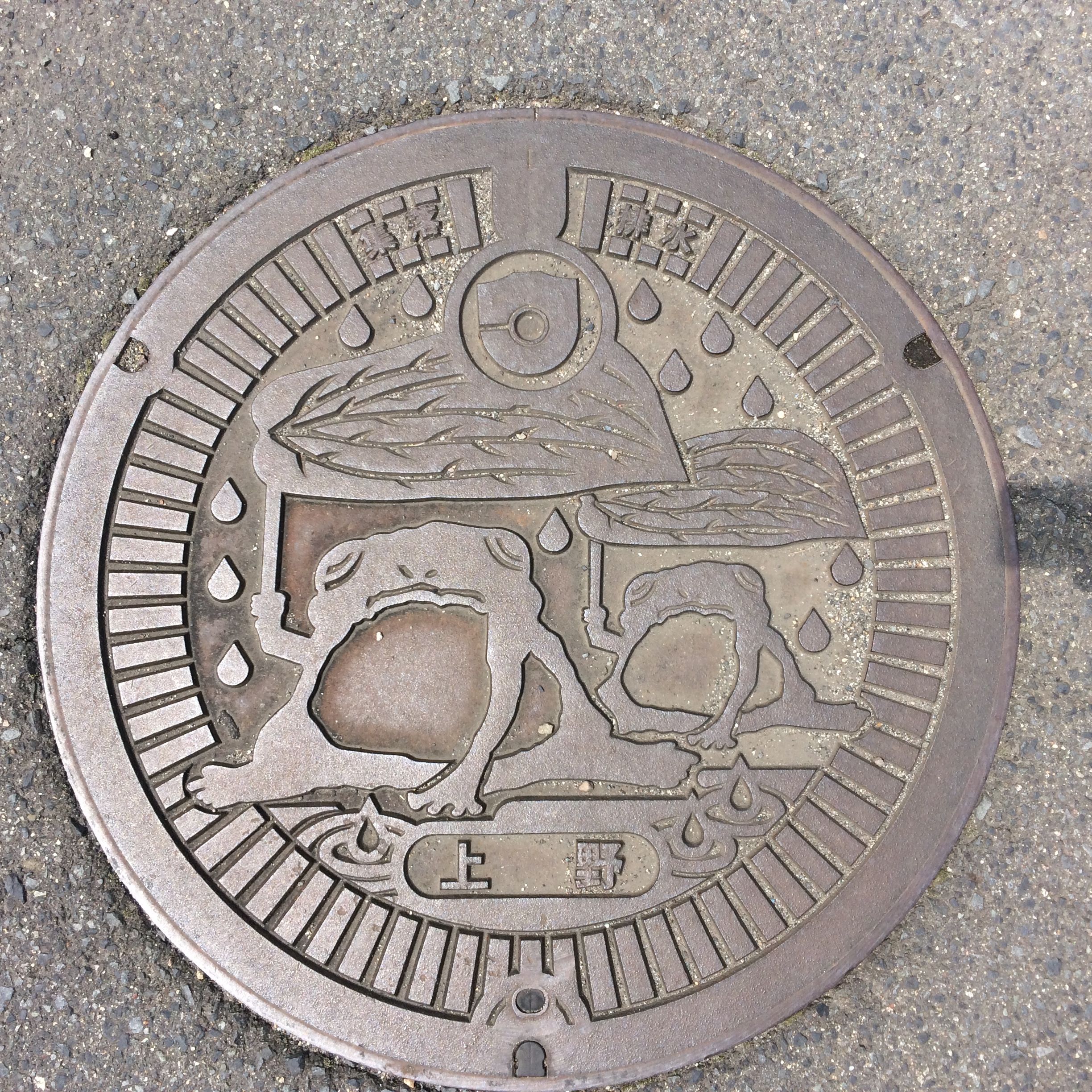 A manhole cover shows two frogs sheltering from the rain under big leaves.