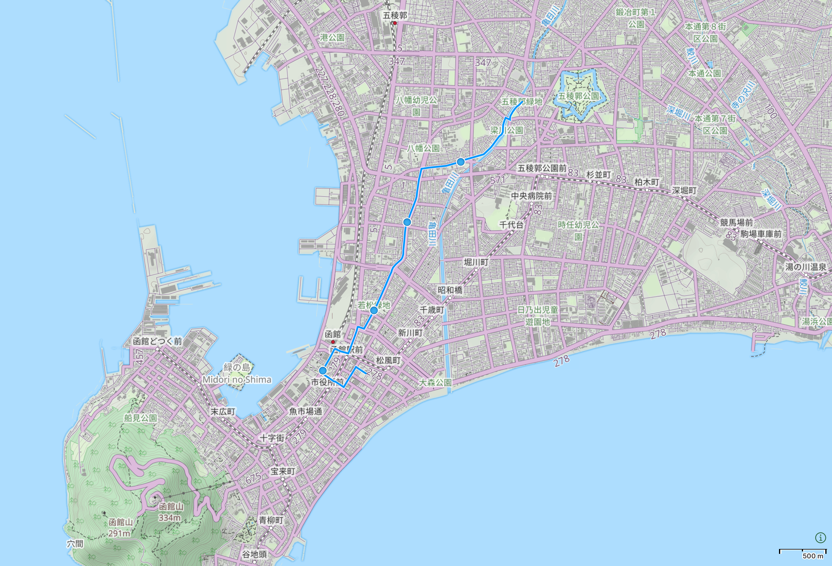 Map of Hakodate with author’s route in the city highlighted.