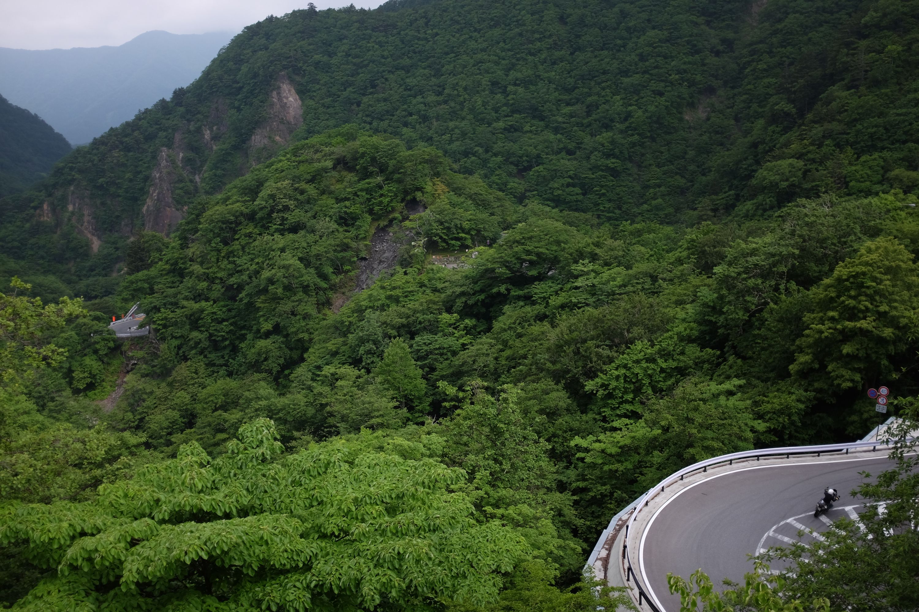 A motorcycle takes a corner on a road winding down a steep, forested mountainside.