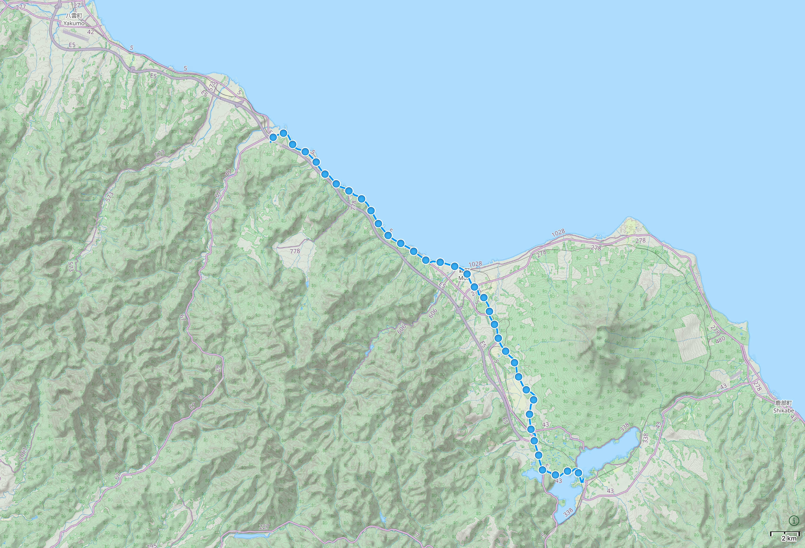Map of Hokkaido with author’s route from Lake Ōnuma to Otoshibe highlighted.