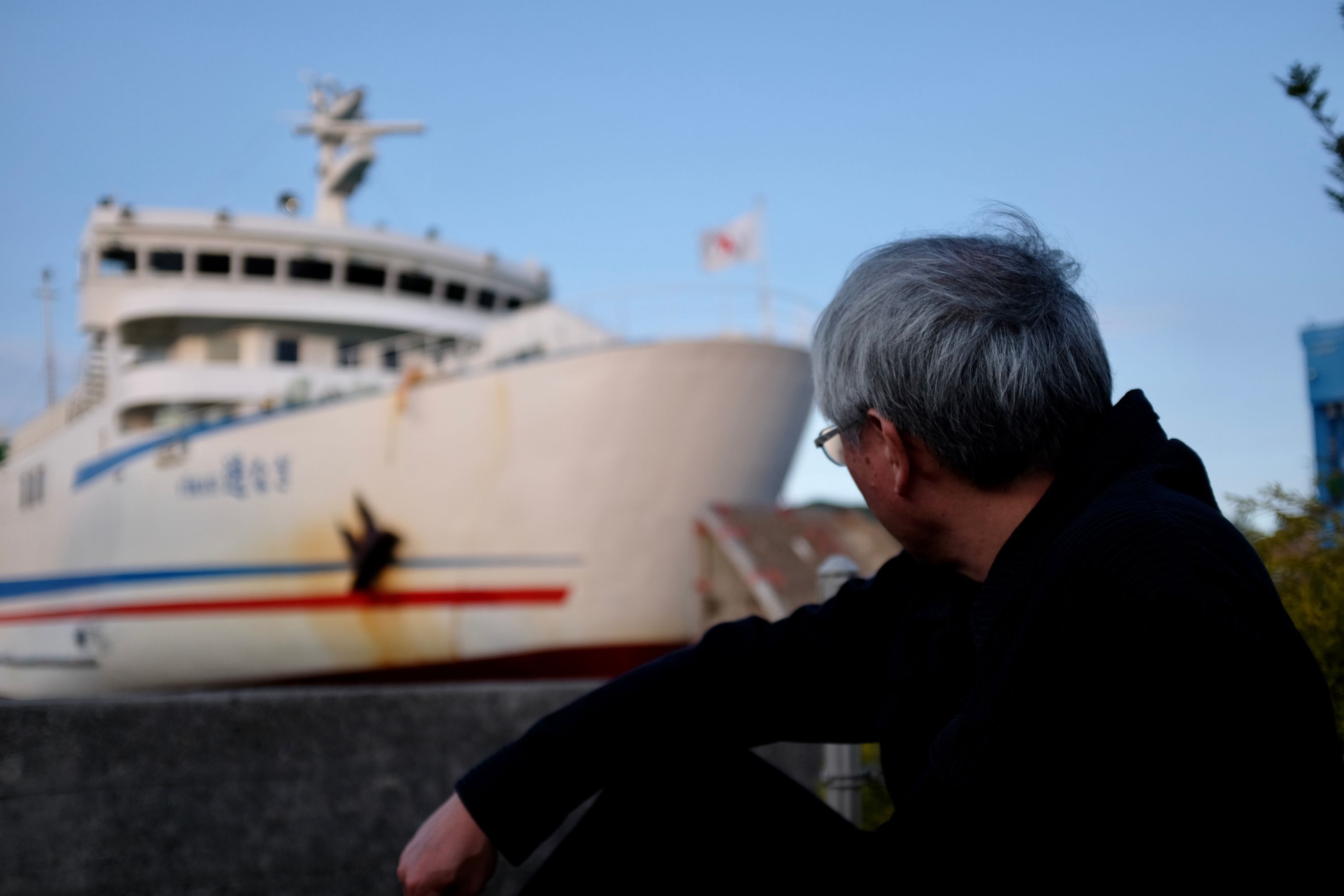 A man with grey hair looks at a white ferry.