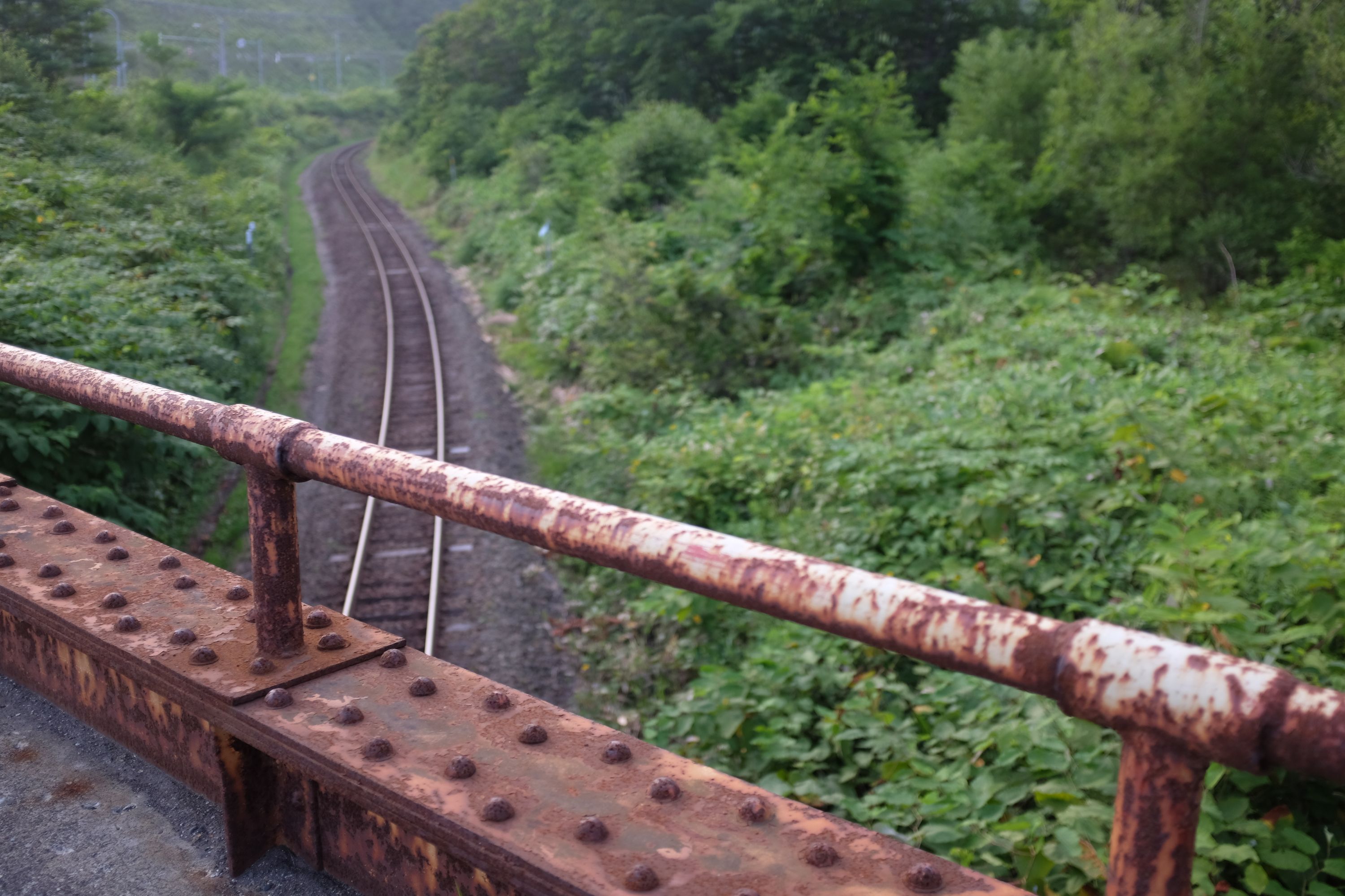 A rusty railing looks out on a winding railroad track.