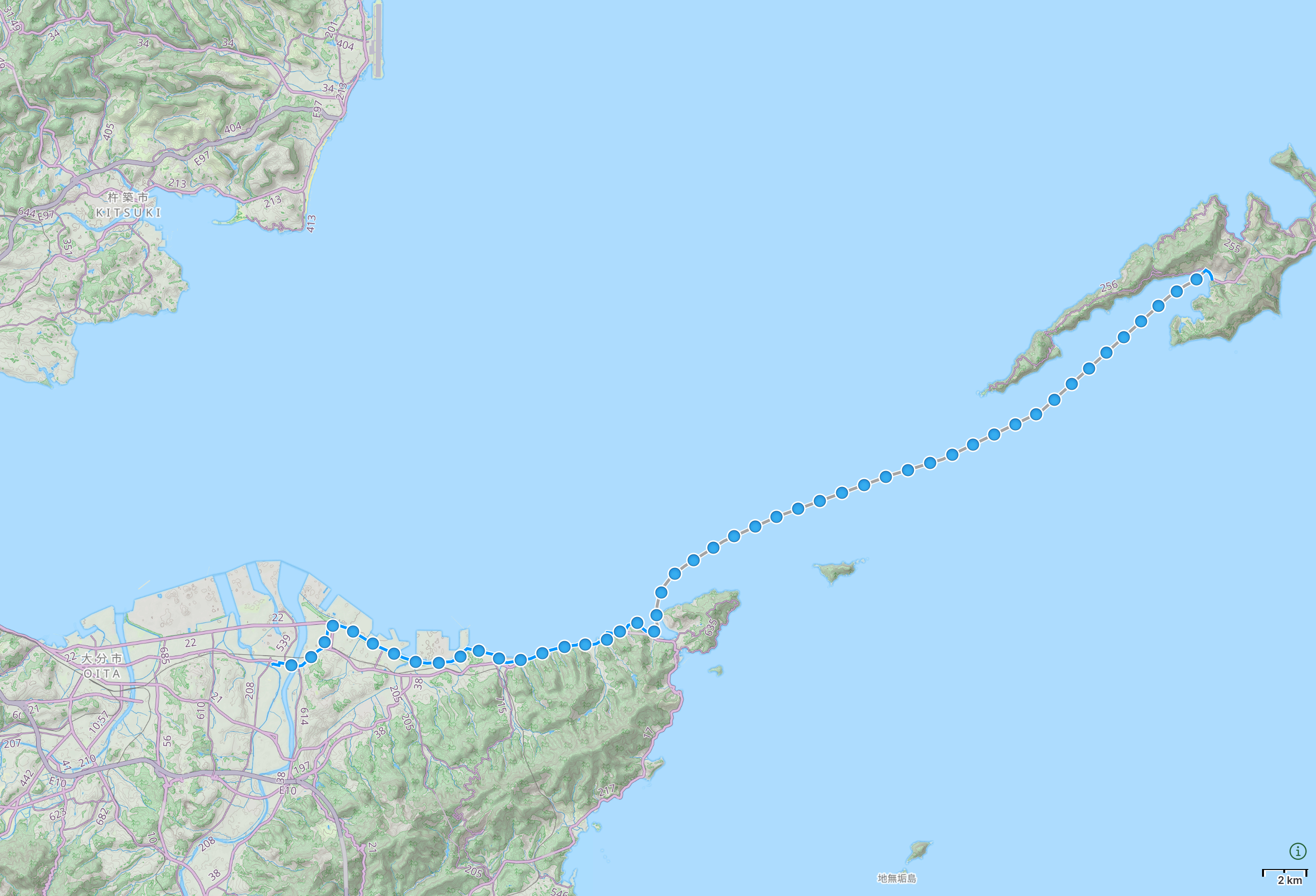 Map of the sea between Kyushu and Shikoku with author’s route from Ōita City across the sea to Misaki, Ehime highlighted.