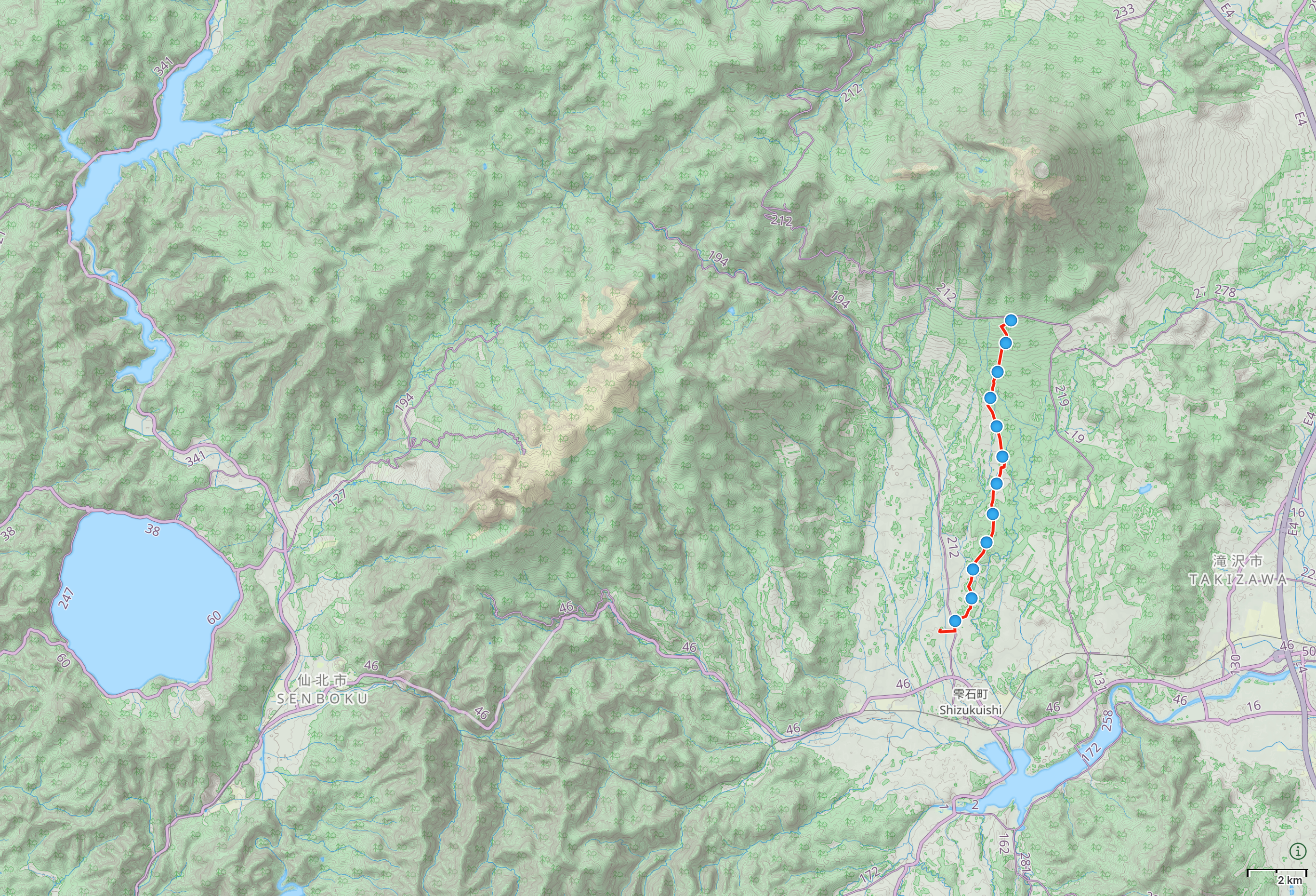 Map of Iwate prefecture with author’s route from Shizukuishi to Omisaka Trailhead highlighted.