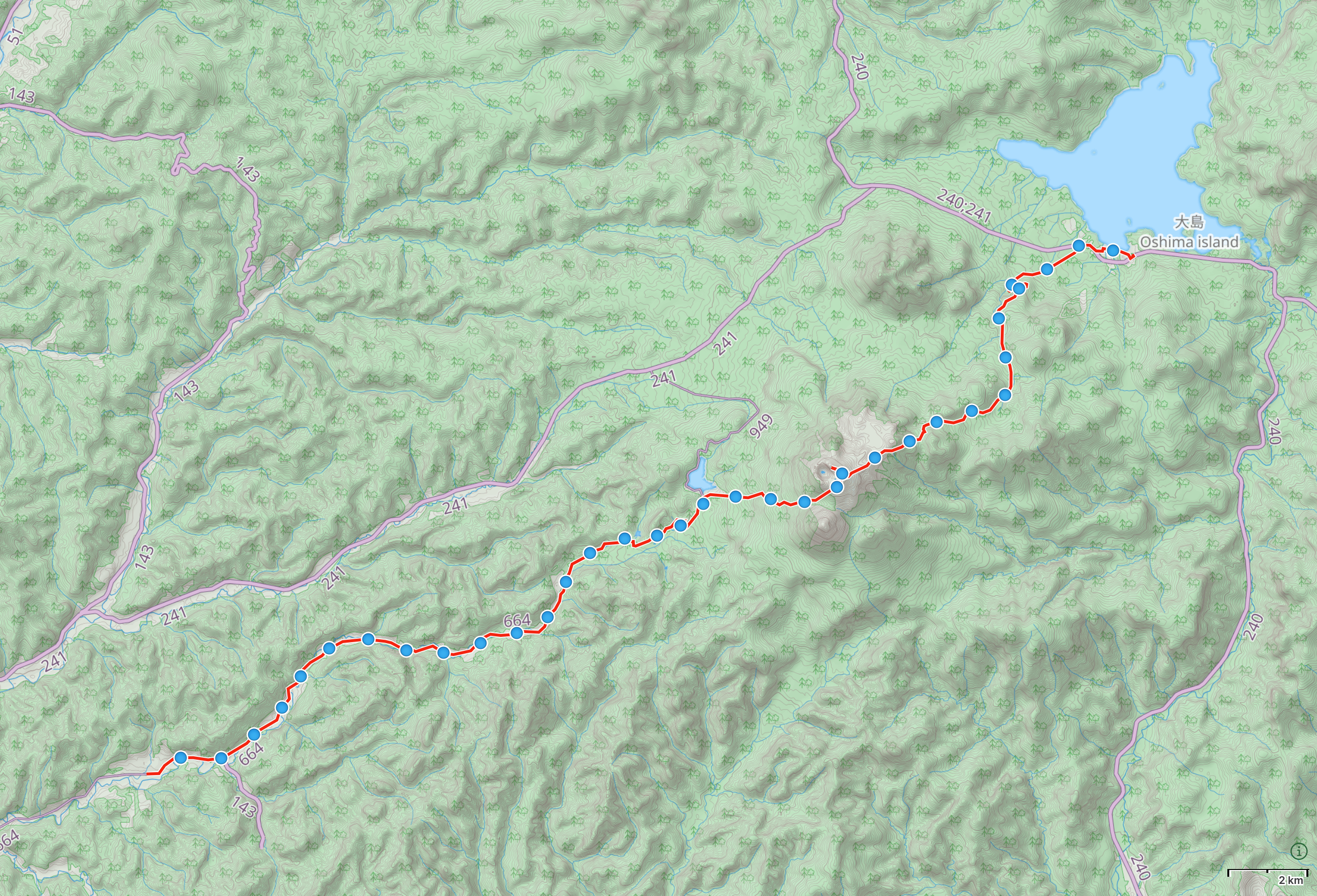 Map of Hokkaido with author’s route from Upper Rawan across Mount Meakan to Lake Akan Hot Spring highlighted.