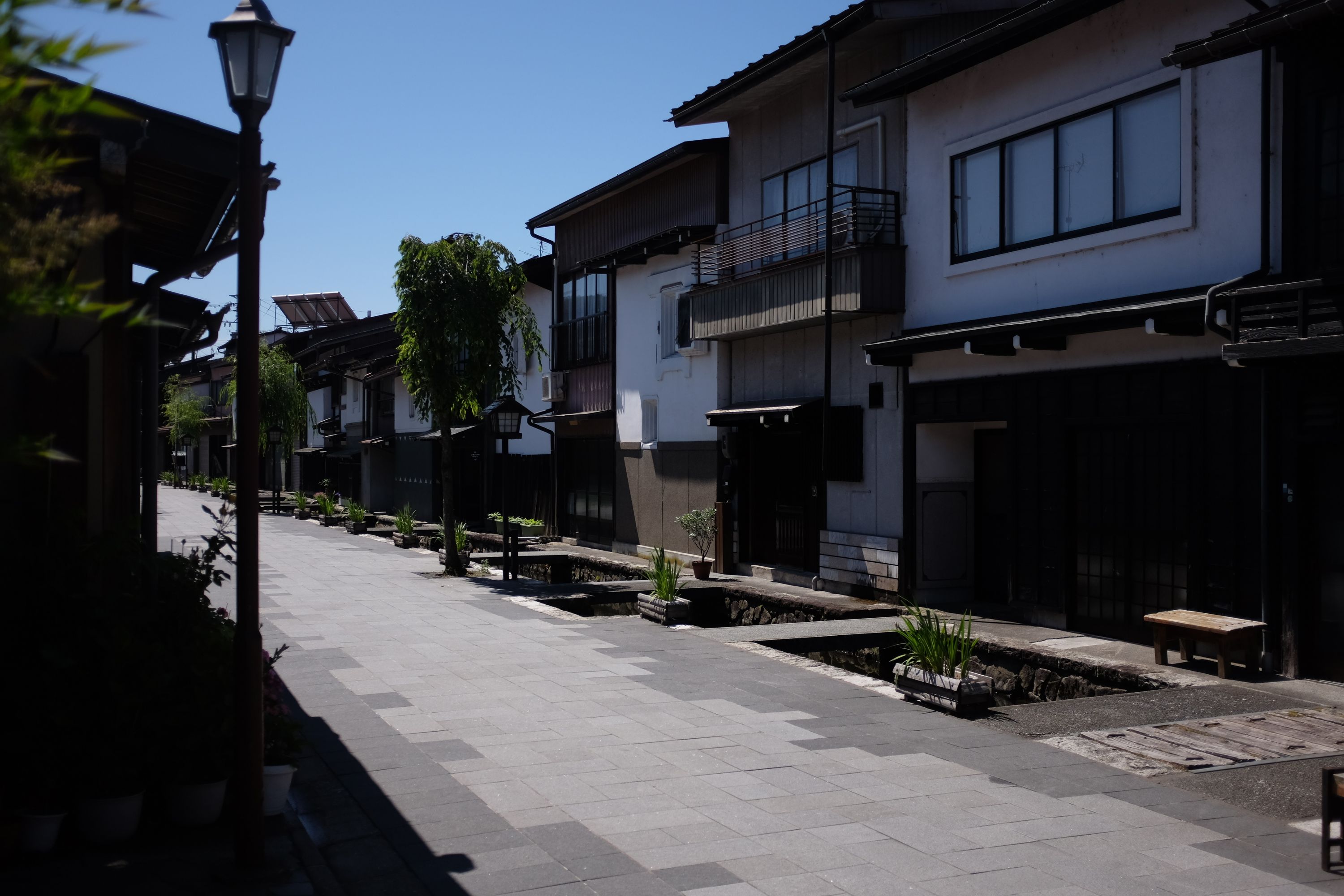 Traditional Hida-style Japanese houses on a street in Hida Furukawa, Gifu.