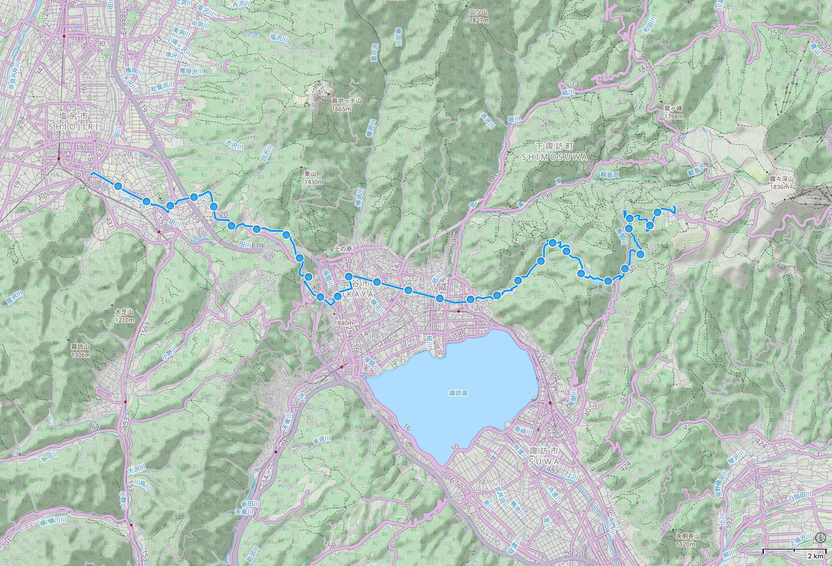Map of Nagano with author’s route from Shiojiri to Upper Suwa highlighted.