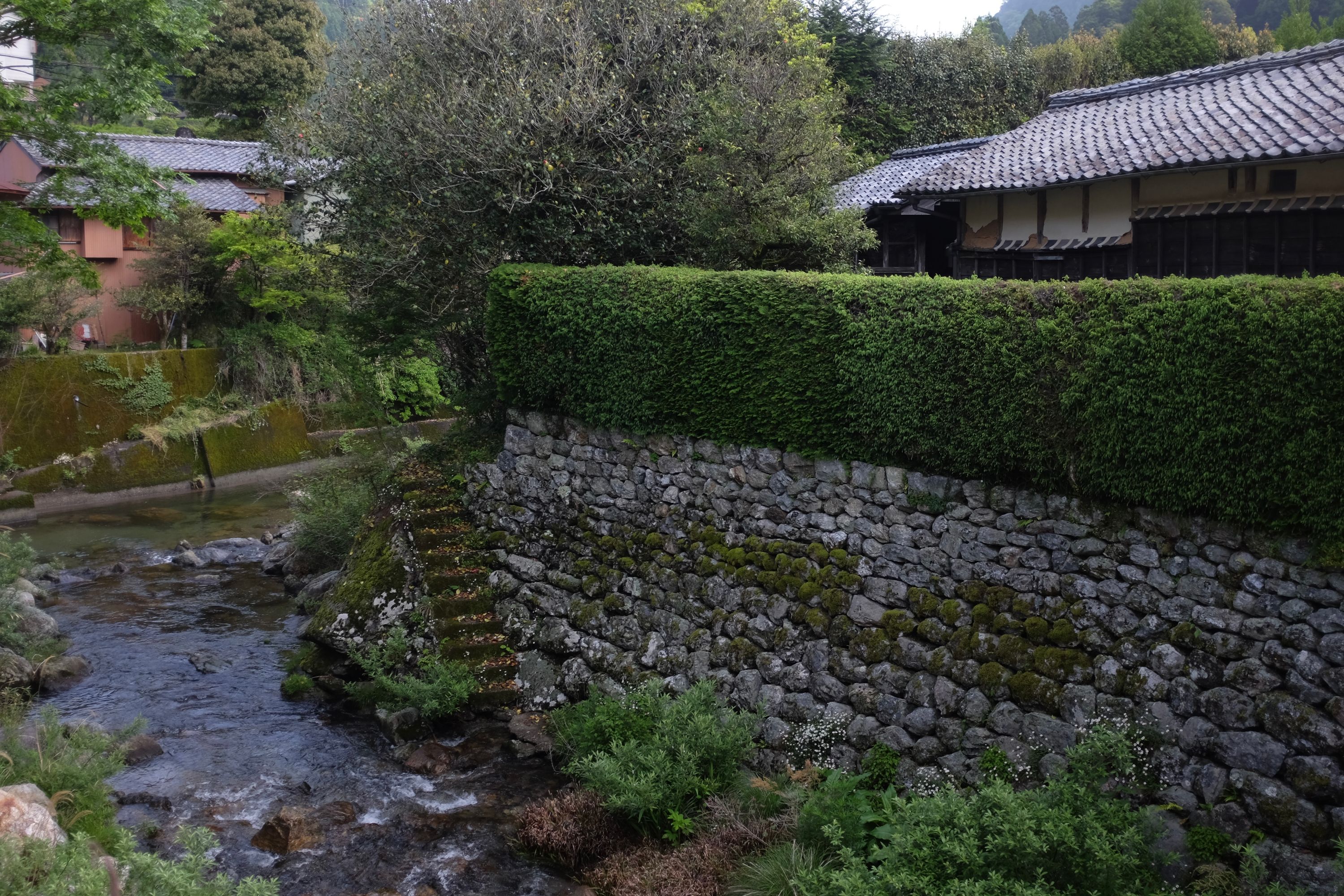 A hedge-topped rock wall protects a Japanese-style house, barely visible, from the waters of a stream.