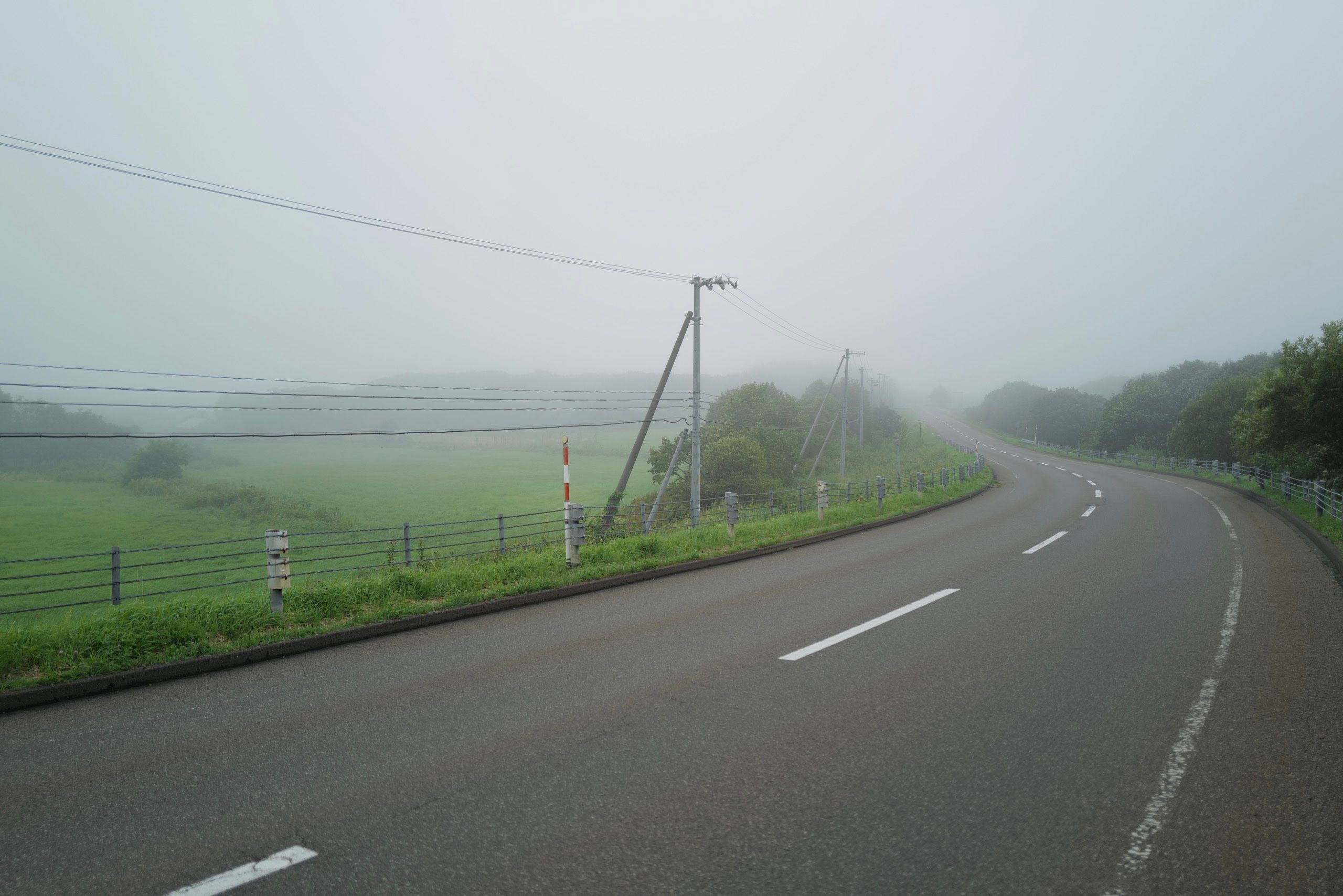 An empty road in a foggy landscape.
