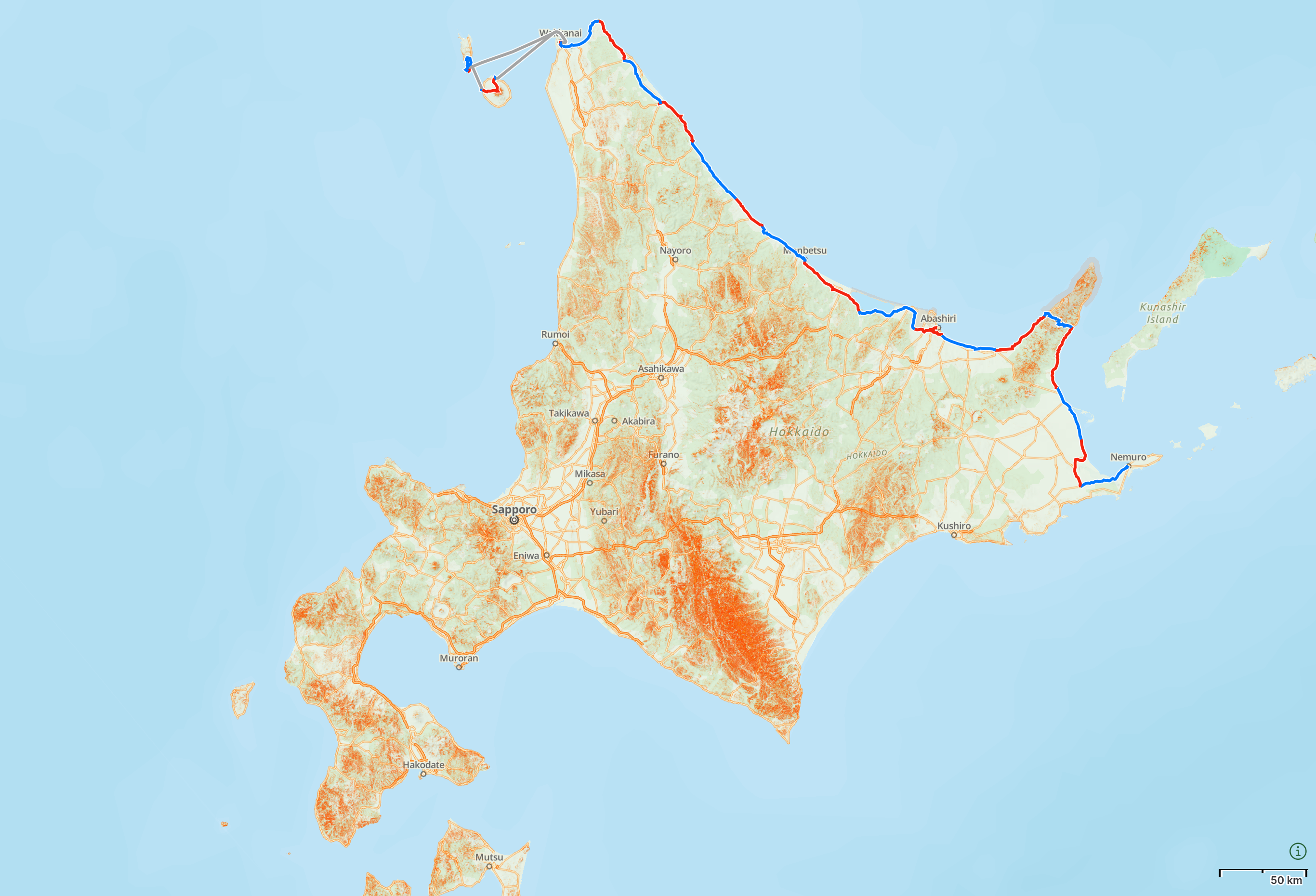 Map of Hokkaido with the route I walked in 2022 highlighted.