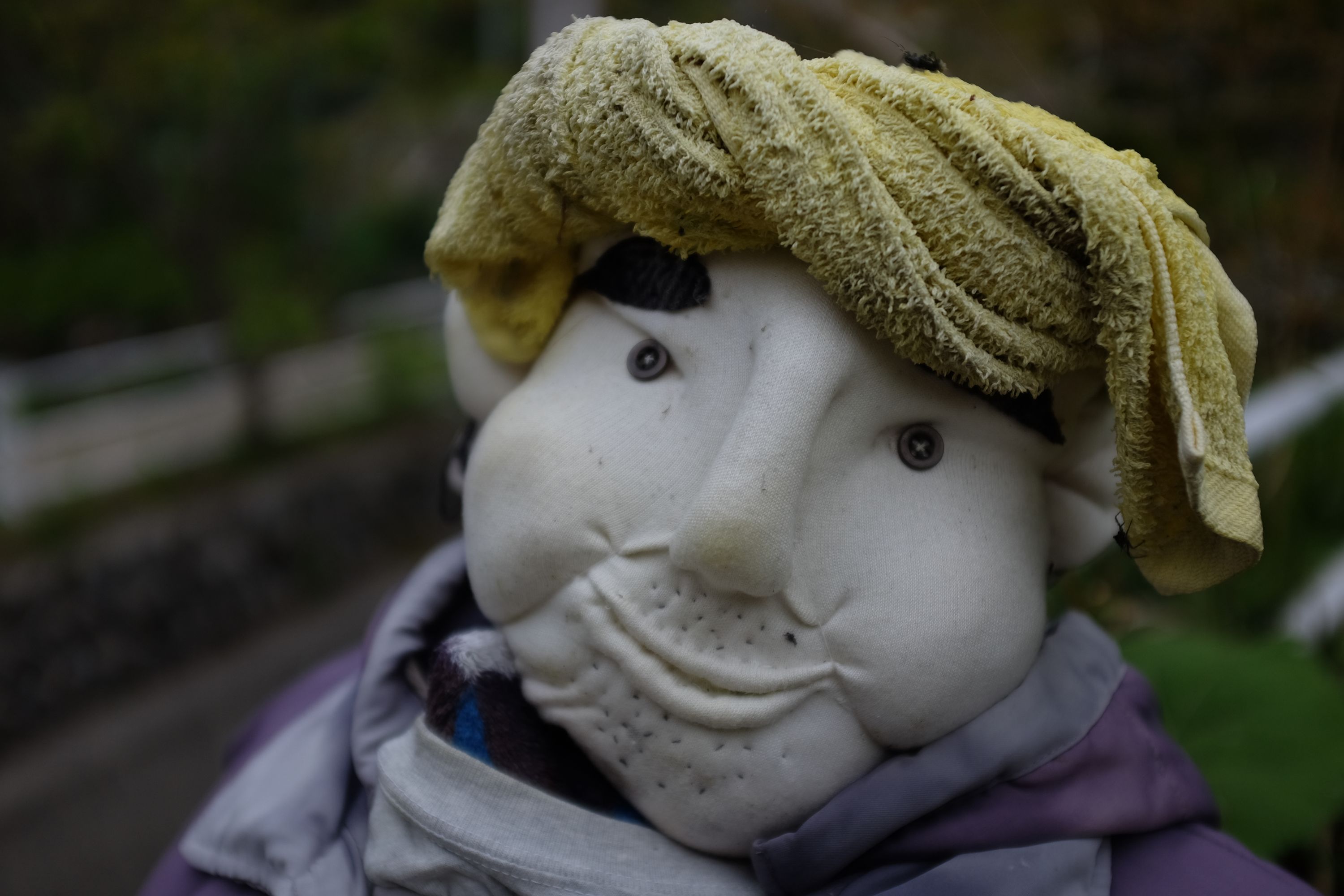 The face of a doll with a towel wrapped around his head in the Japanese manner.