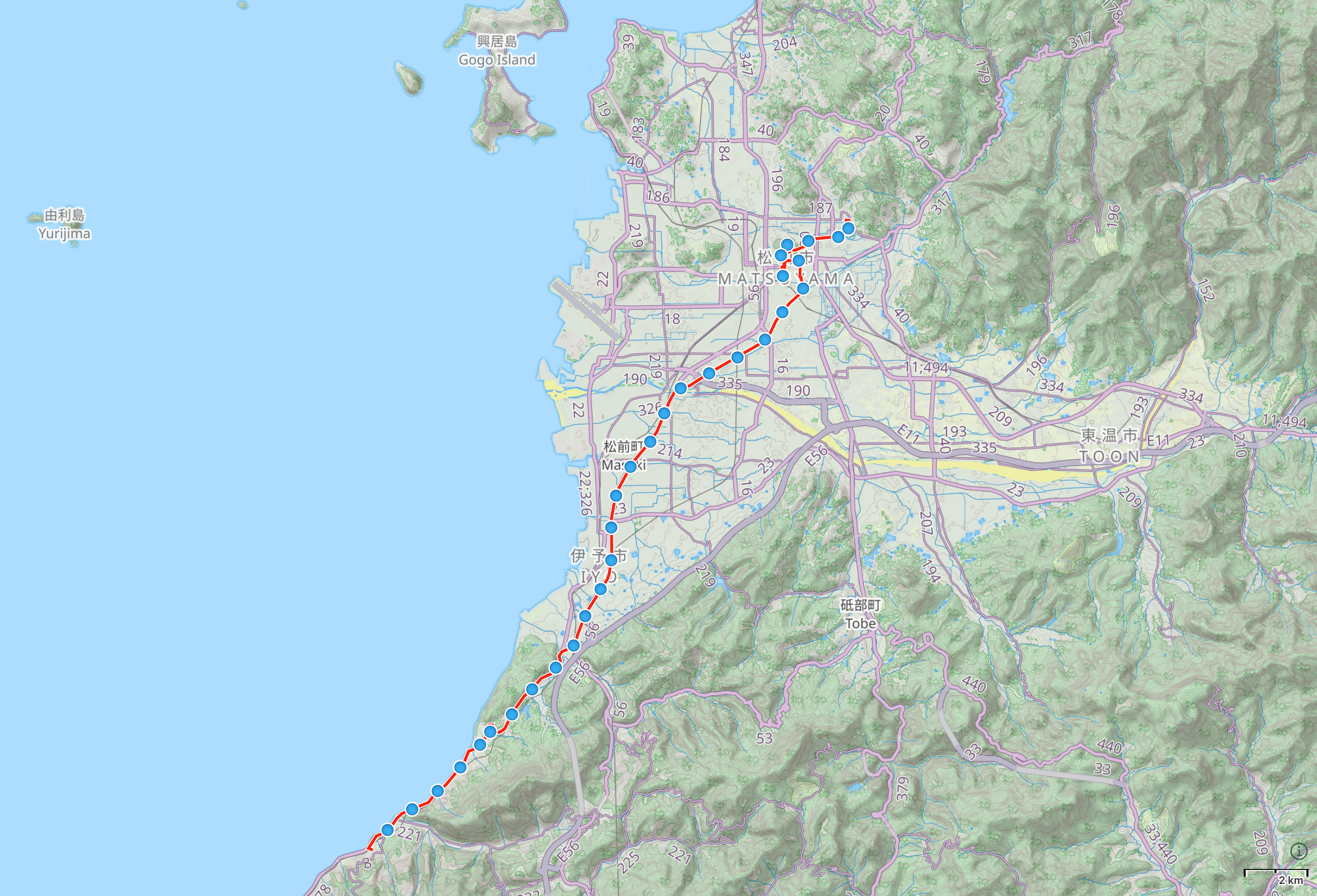Map of Ehime Prefecture with author’s route between Futami and Matsuyama highlighted.