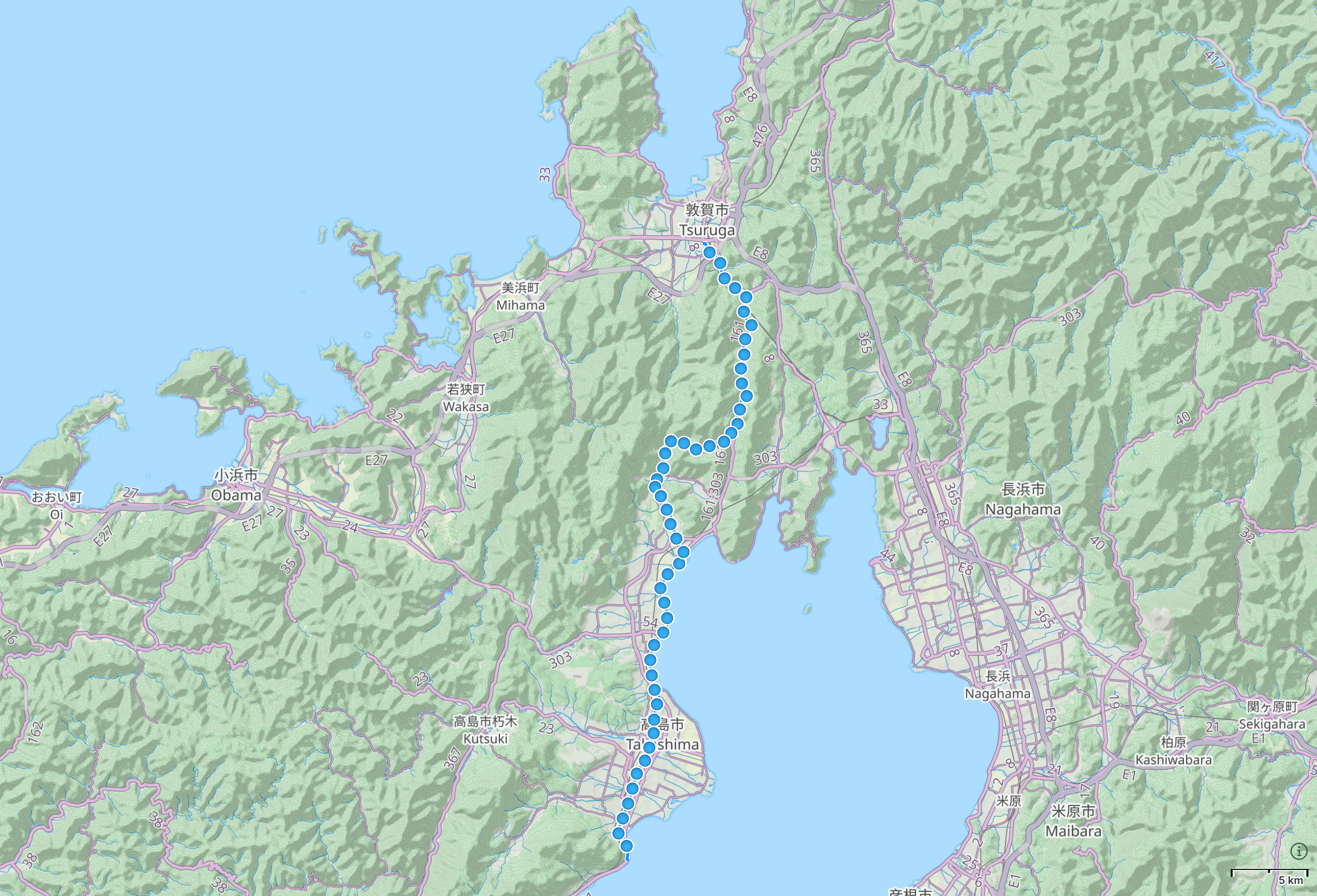 Map of the Lake Biwa/Sea of Japan area with route between Shirahige Shrine and Tsuruga highlighted.