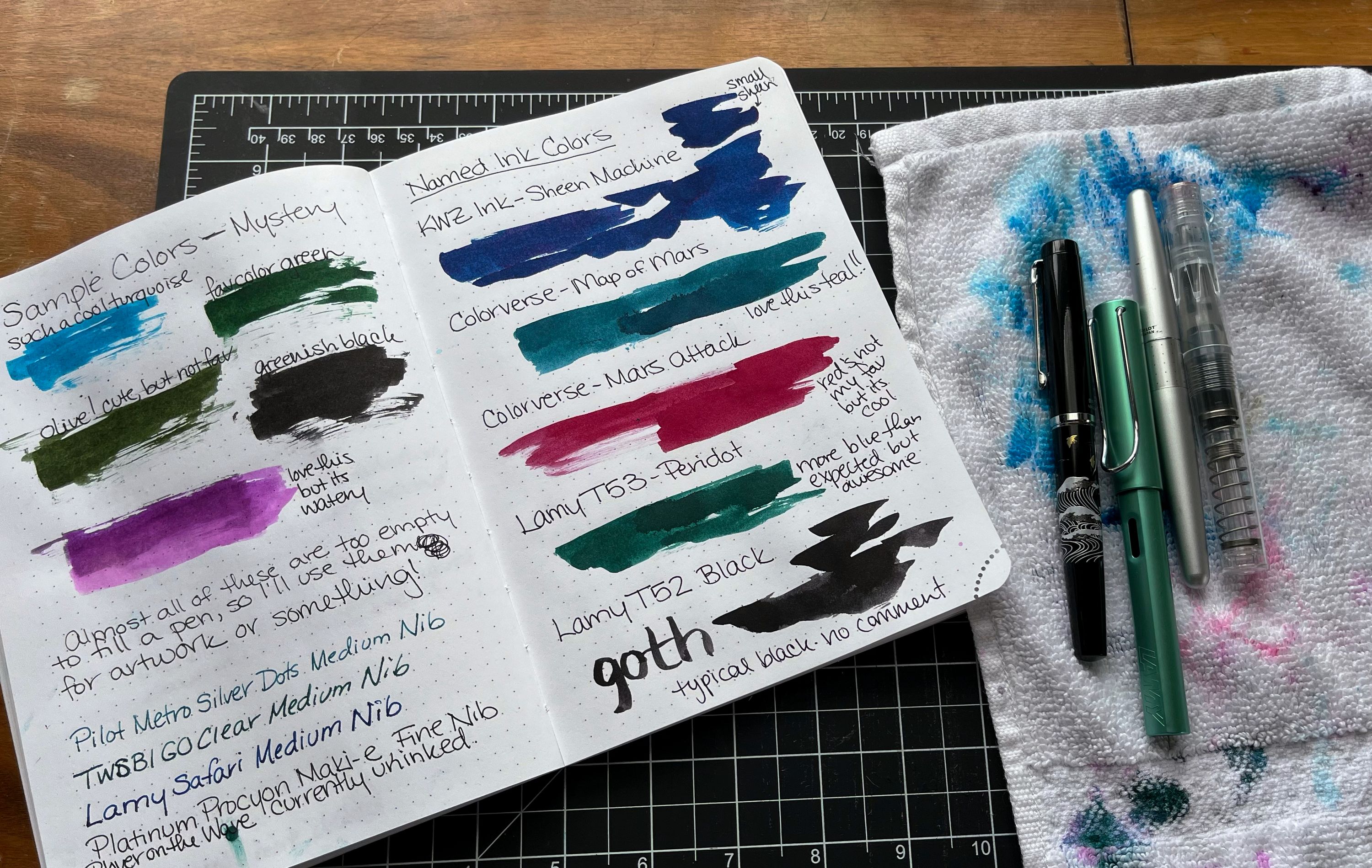 Final – I swatched all the inks and inked the pens, and did that on the Cortex Subtle Journal from Cortex Brand
