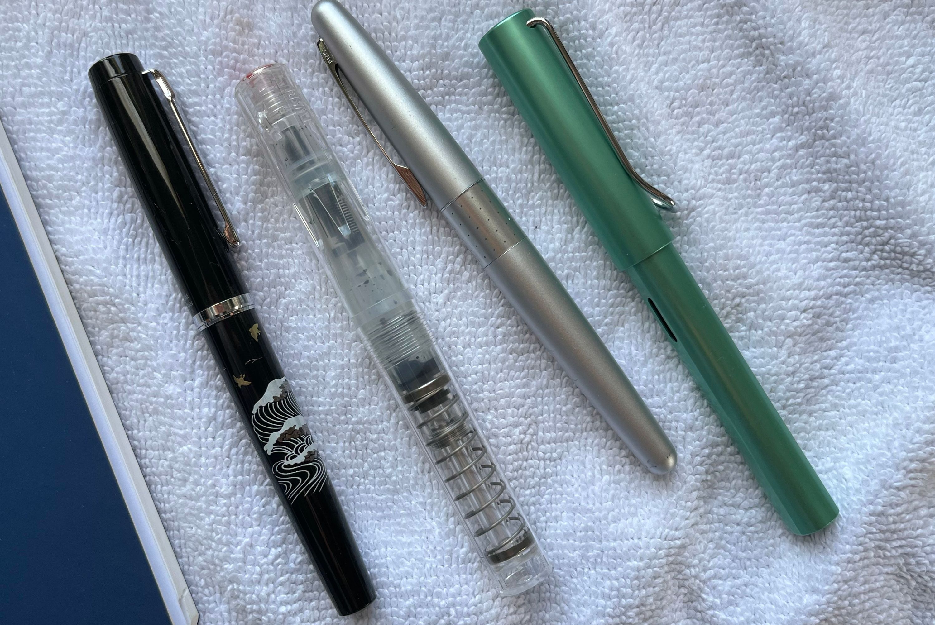 Pens – Platinum Procyon Maki-e Plover on the Wave, Fine Nib; TWSBI GO Clear, Medium Nib; Pilot Metro Silver Dots, Medium Nib; Lamy Safari, Medium Nib